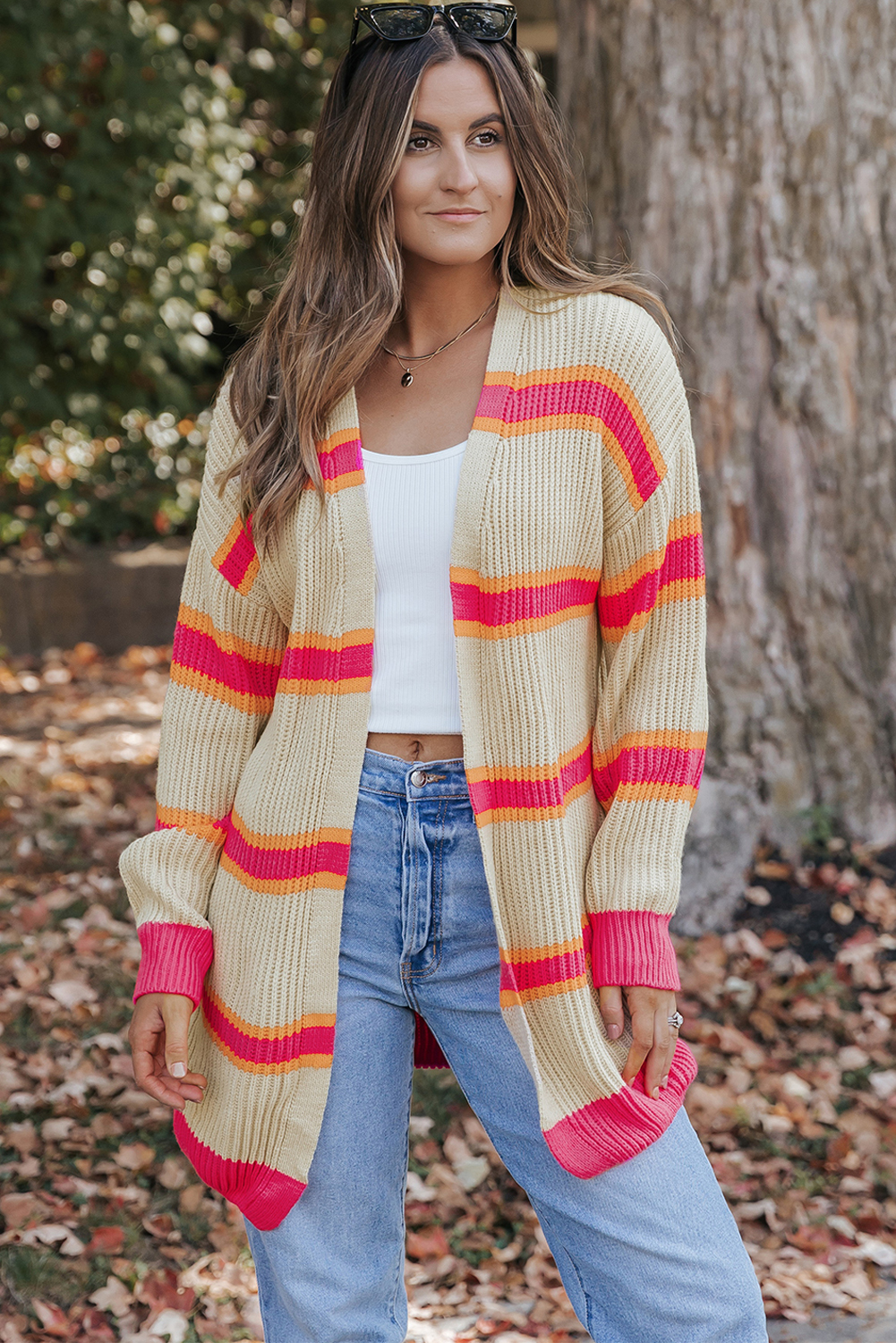 Stripe Printed Ribbed Long Knitted Cardigan - loveforevers
