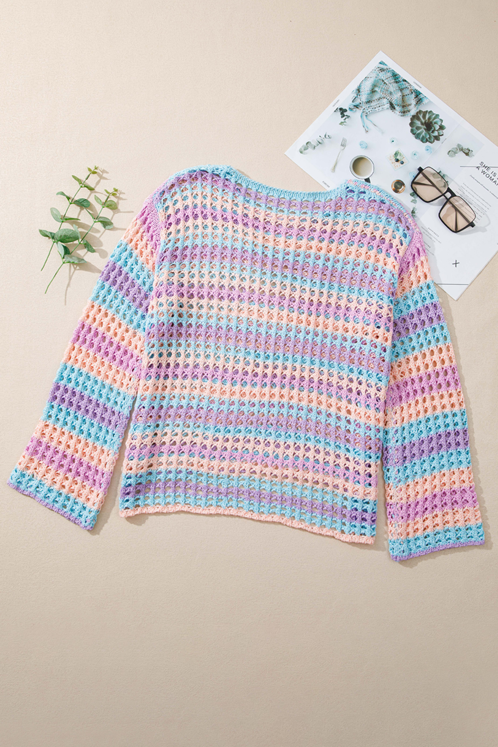 Purple Multi Stripe Open Knit Sweater Beach Cover Up - loveforevers