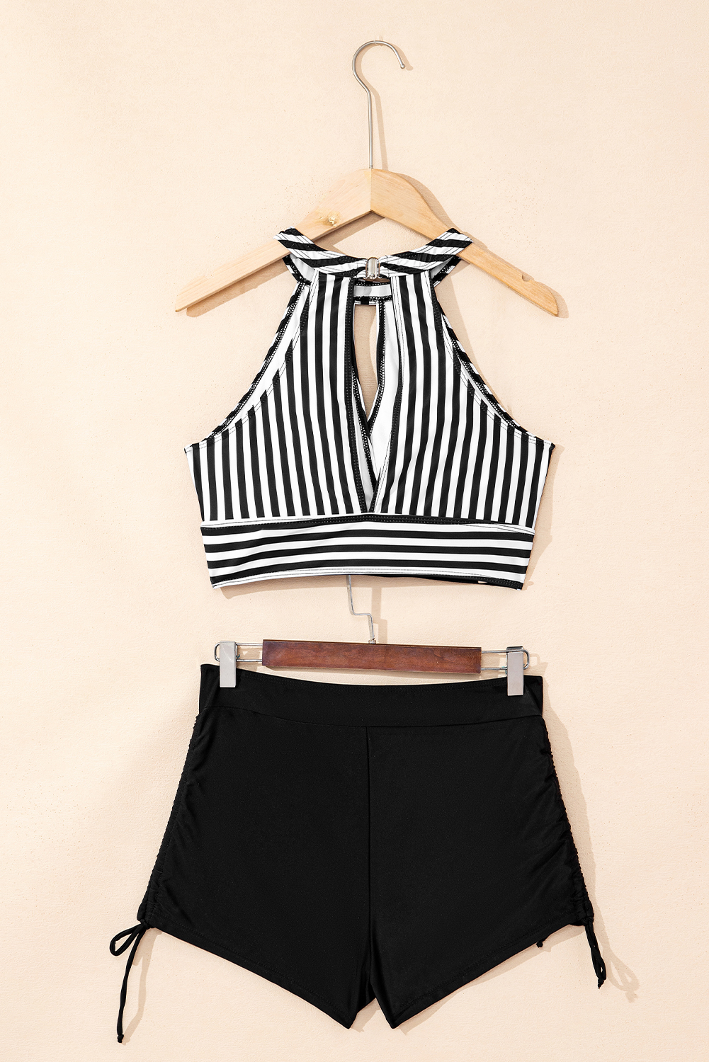 Black Striped Halter Top Drawstring Ruched High Waisted Bikini - loveforevers