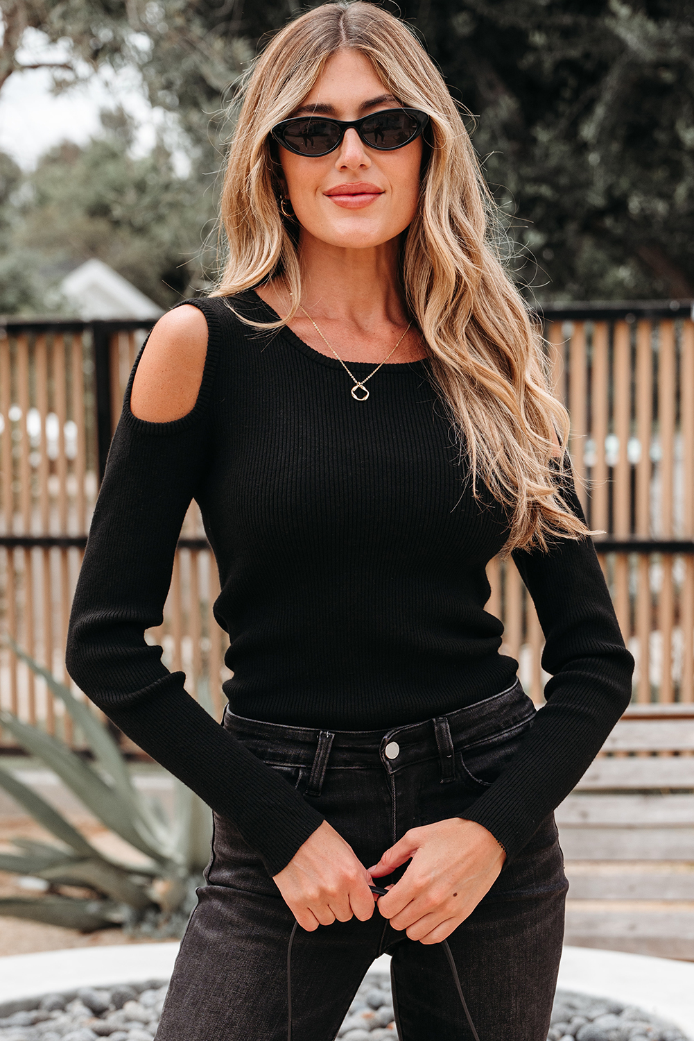 Black Ribbed Knit Cold Shoulder Sweater - loveforevers
