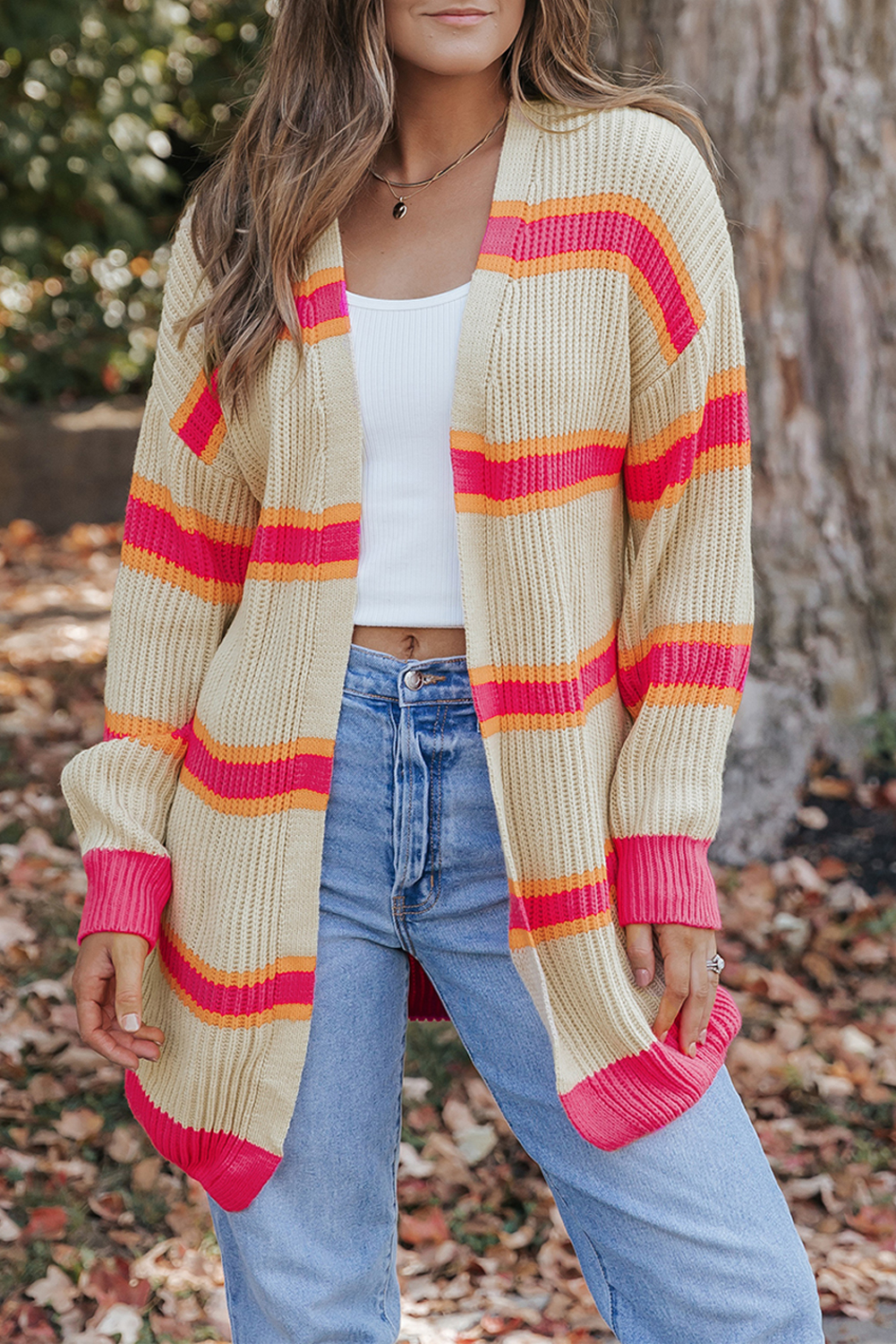 Stripe Printed Ribbed Long Knitted Cardigan - loveforevers