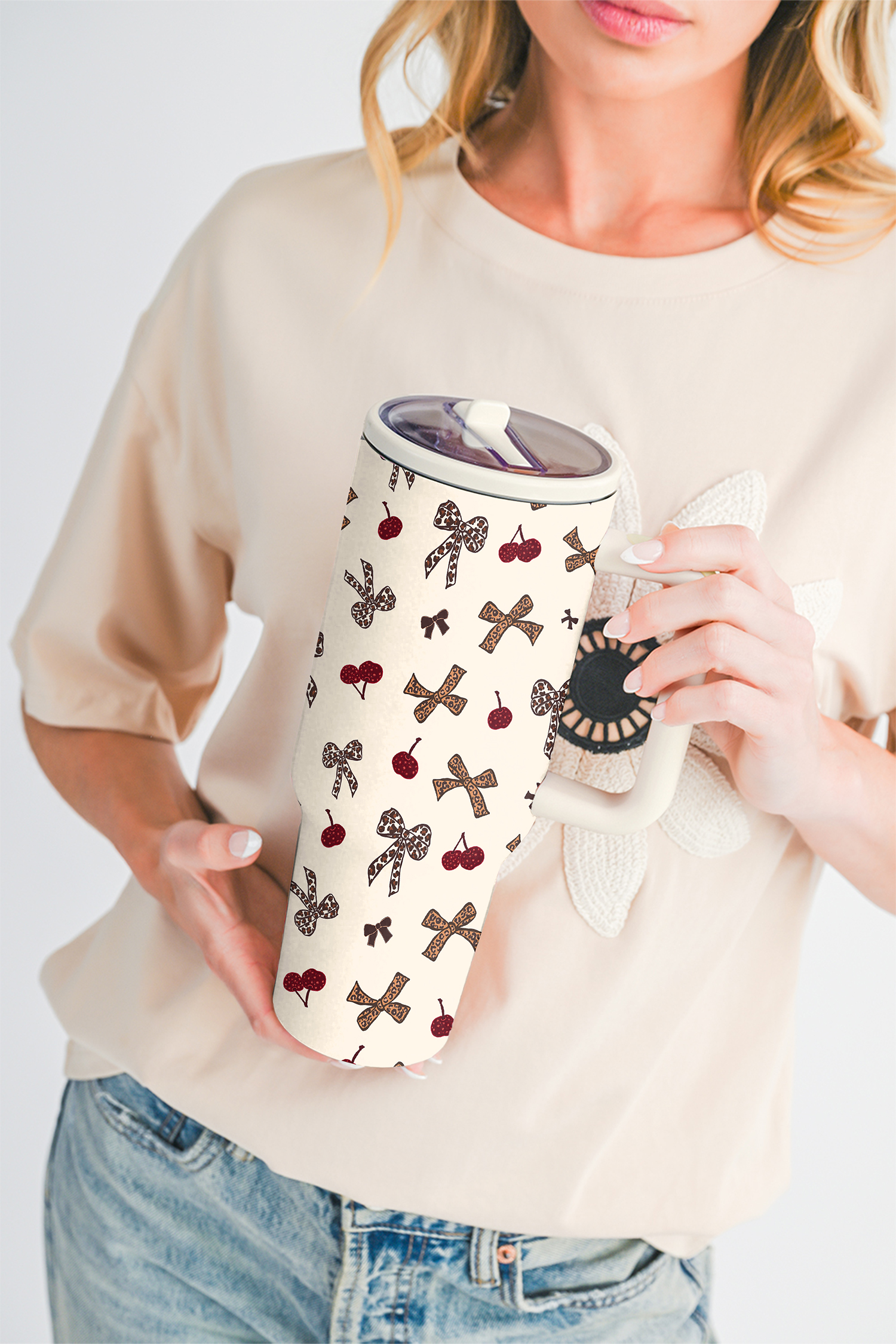 White Leopard Cheery Bow Printed Single Handle Flip Straw Travel Cup - loveforevers