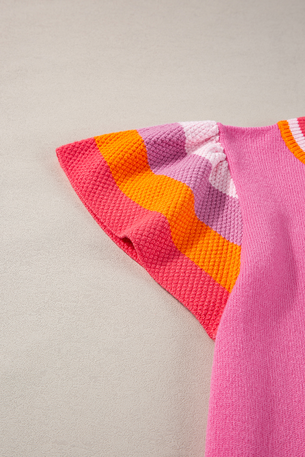Bright Pink Contrast Flutter Sleeves Knitted Sweater T Shirt - loveforevers