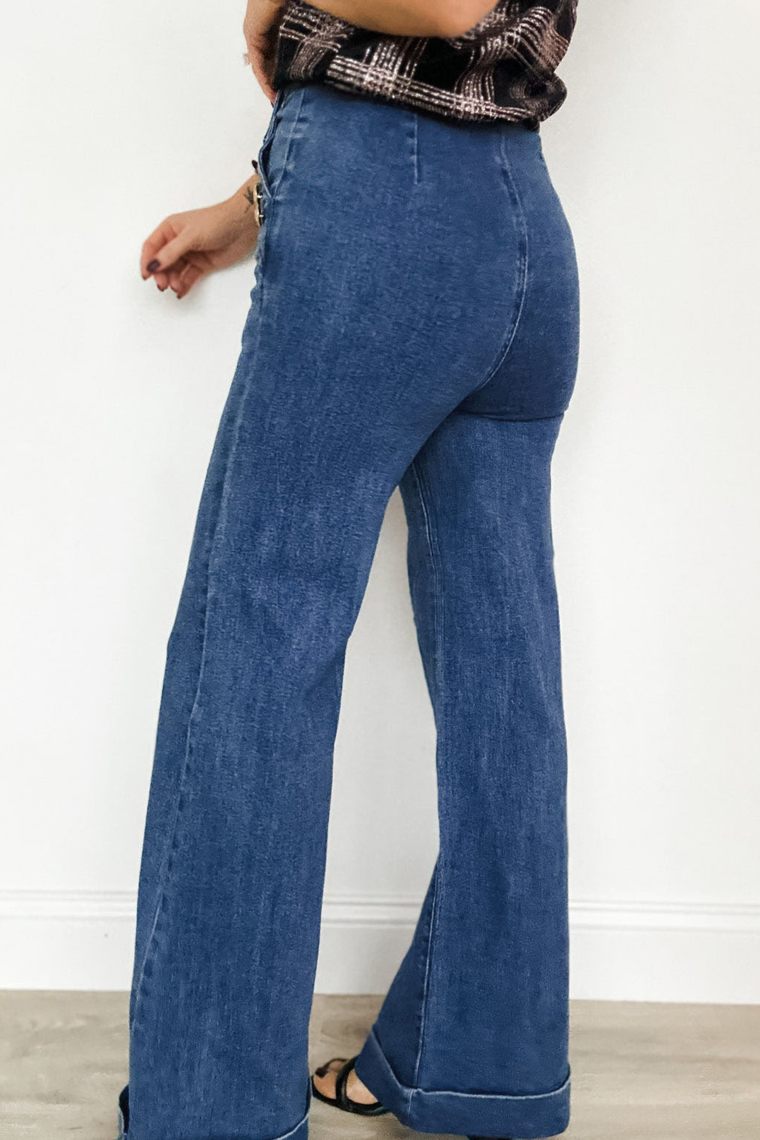 Ashleigh Blue Golden Button Detail Rolled Edge Flare Leg Jeans - loveforevers
