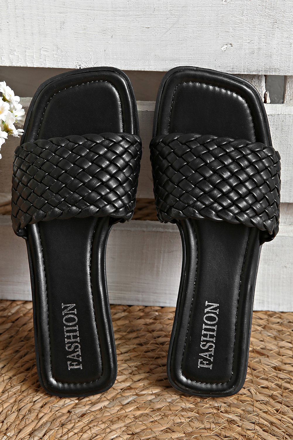 Black Braided Wide Band Square Toe Slippers - loveforevers