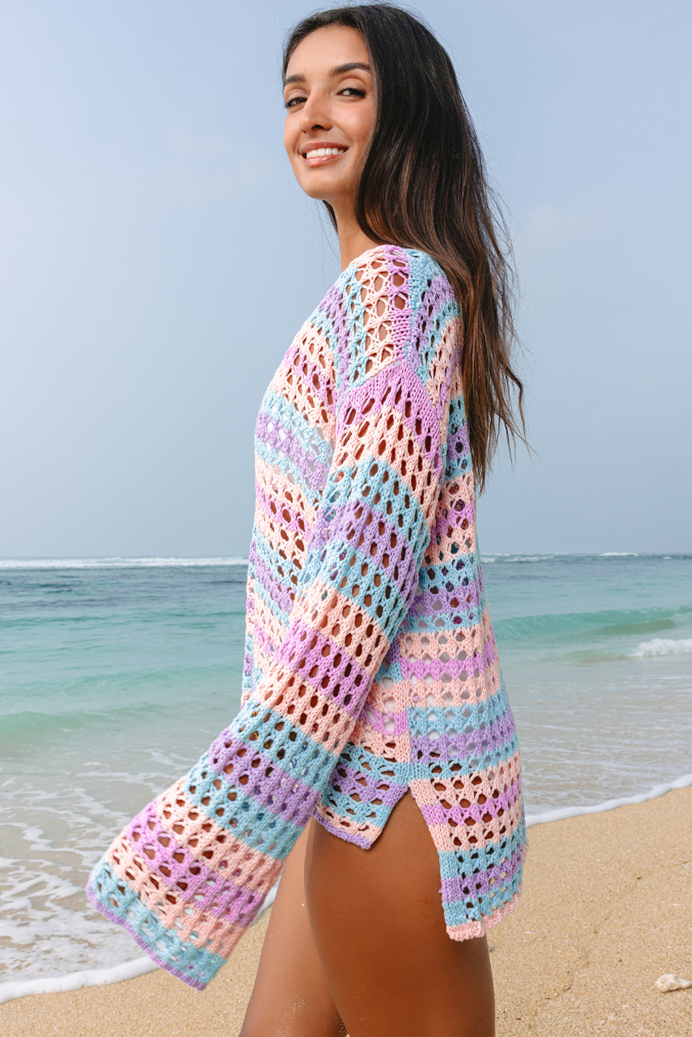 Purple Multi Stripe Open Knit Sweater Beach Cover Up - loveforevers