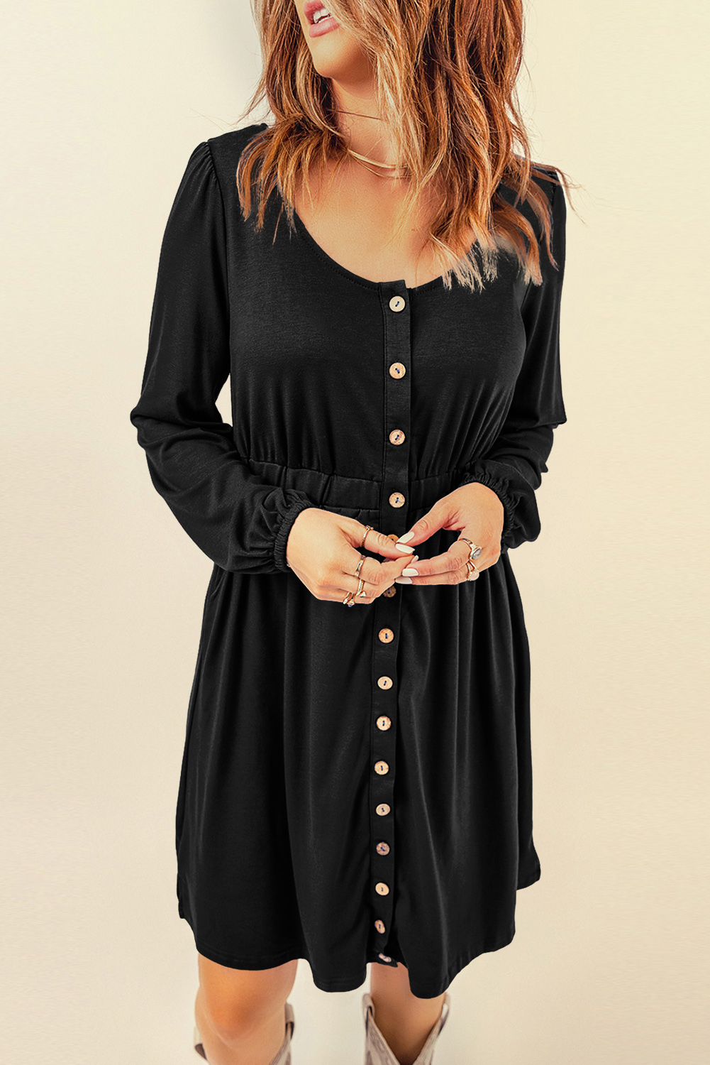 Black Button Up High Waist Long Sleeve Dress - loveforevers