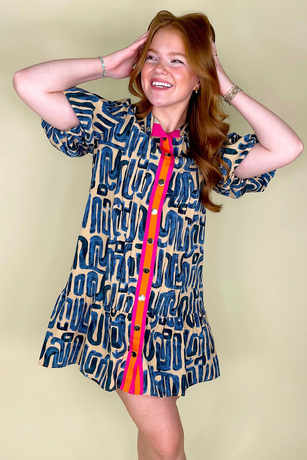 Beige Abstract Print Bubble Sleeve Button up Mini Dress - loveforevers