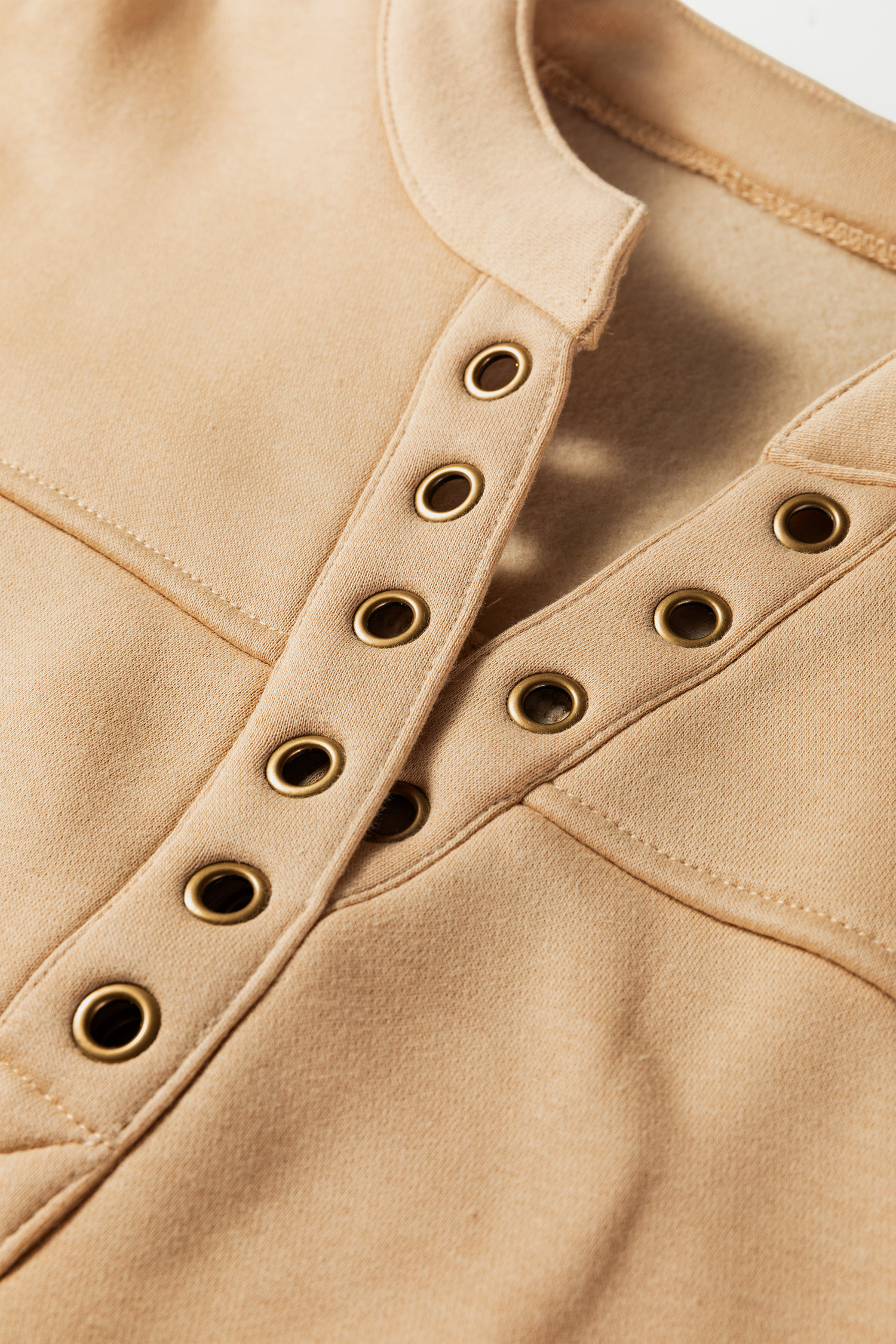 Light French Beige Grommet Detail V Neck Sweatshirt - loveforevers