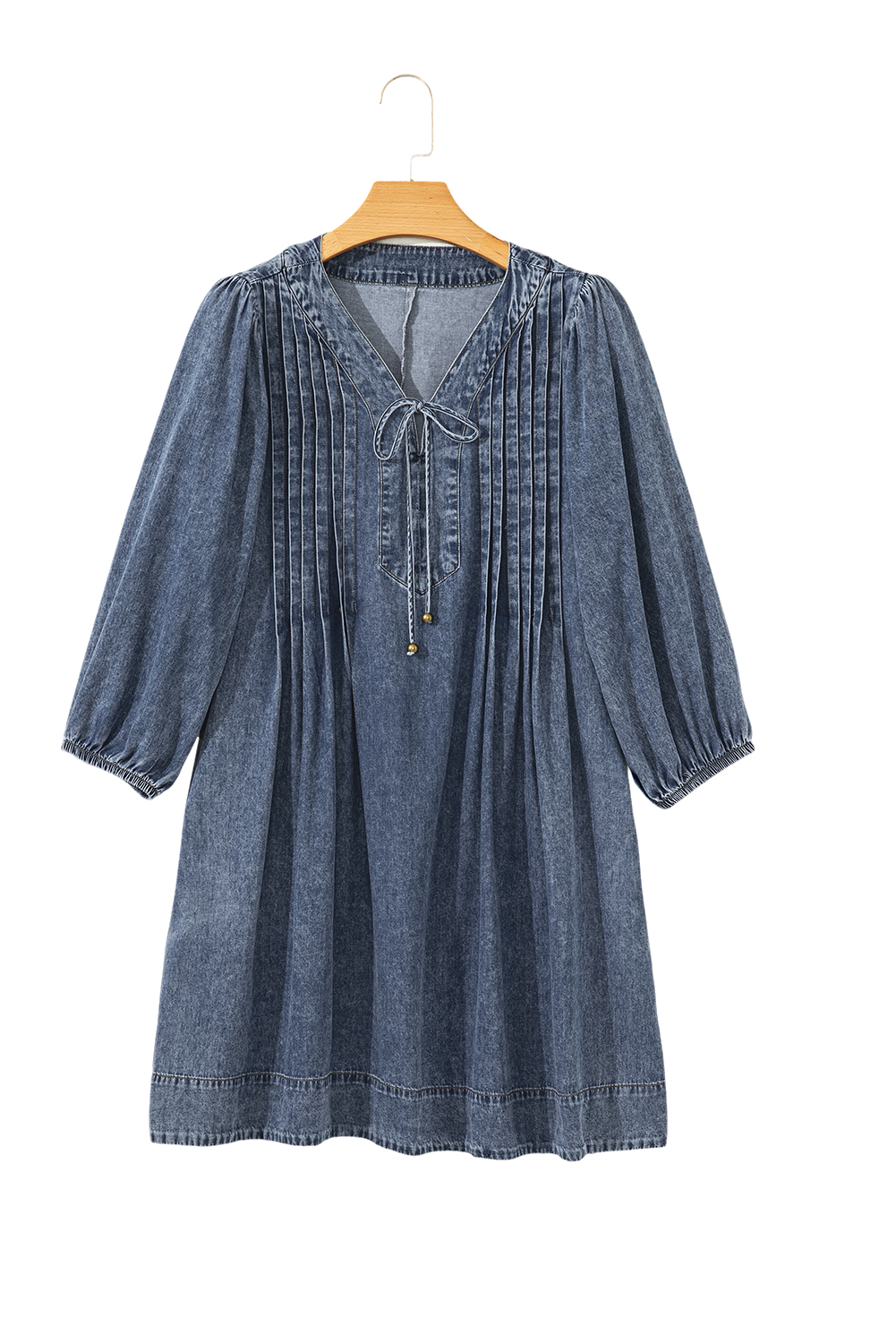 Sail Blue 3/4 Sleeve Tied V Neck Pleated Denim Mini Dress - loveforevers
