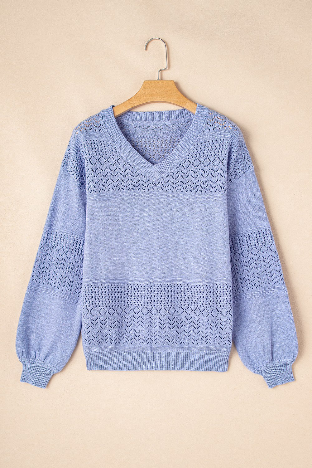 Sky Blue Eyelet Pattern Detail V Neck Drop Shoulder Sweater - loveforevers