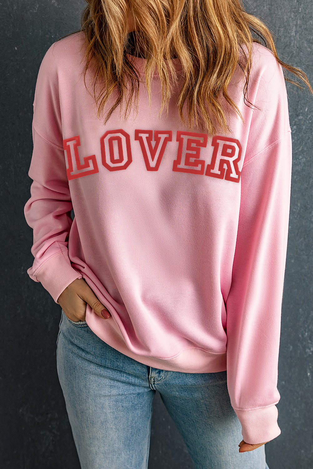 Pink LOVER Puff Print Drop Shoulder Pullover Sweatshirt - loveforevers