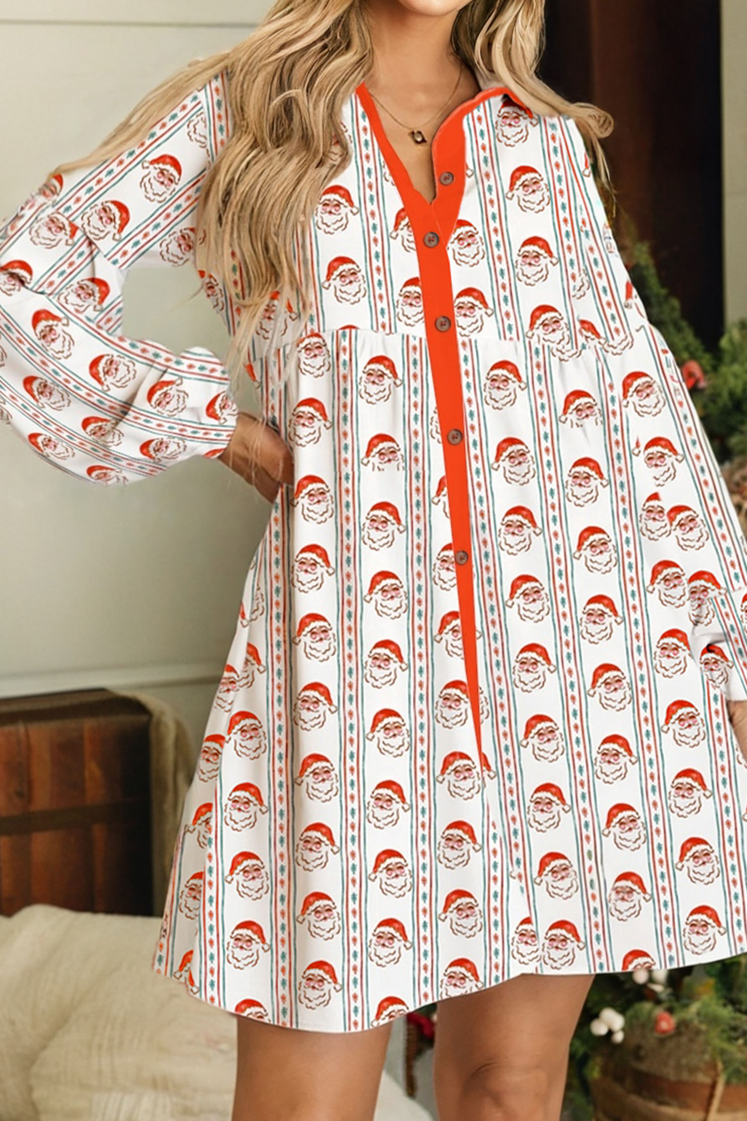 White Father Christmas Contrast Collar Button Front Long Sleeve A-line Mini Dress - loveforevers
