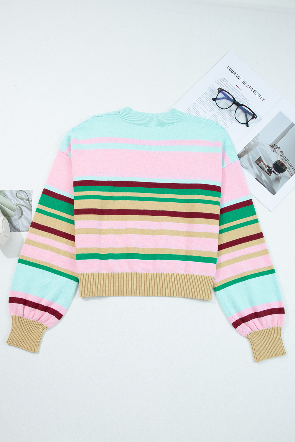 Multicolour Striped Knit Ribbed Trim Boxy Fit Cropped Sweater - loveforevers