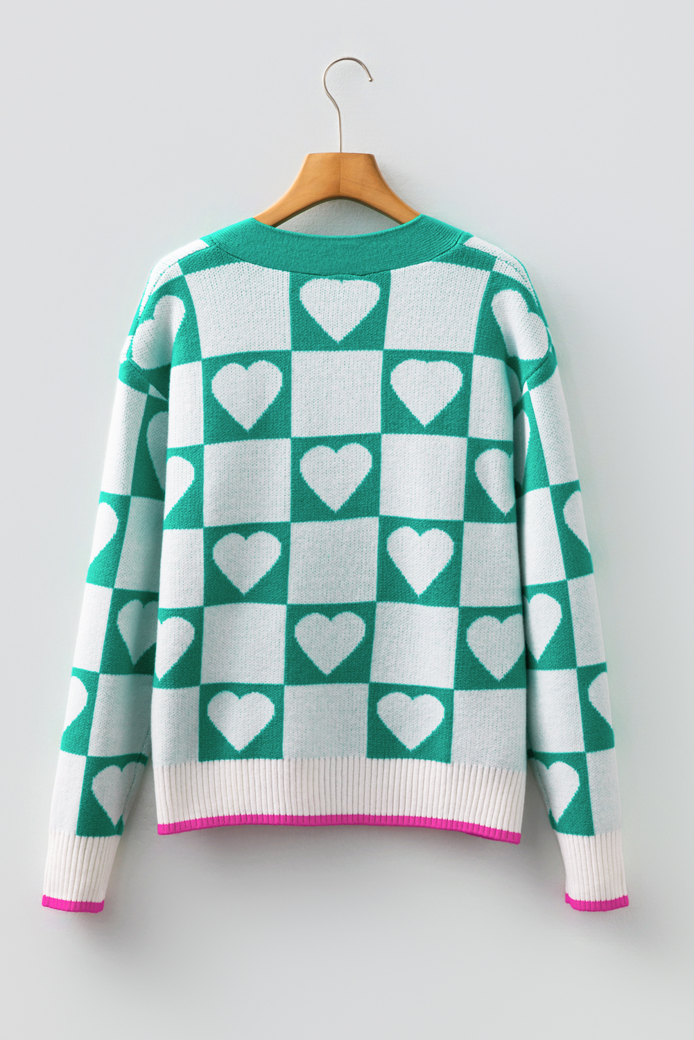 Sea Green Plaid Heart Knit V Neck Button Down Sweater Cardigan - loveforevers