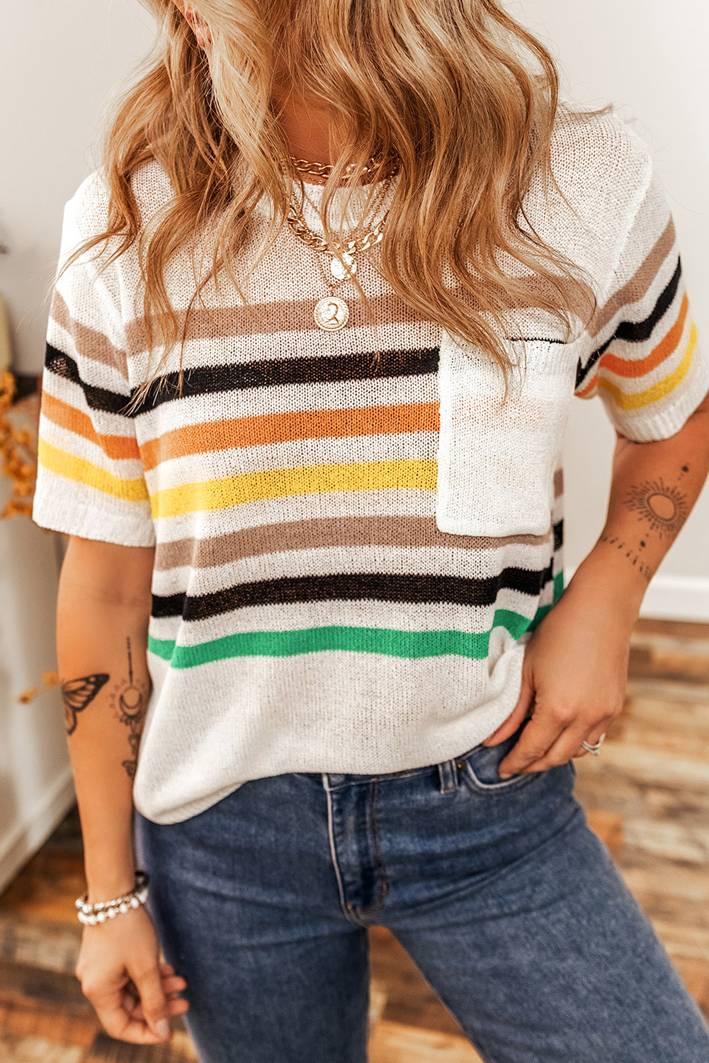 White Striped Pocketed Loose Fit Crewneck Knitted T Shirt - loveforevers