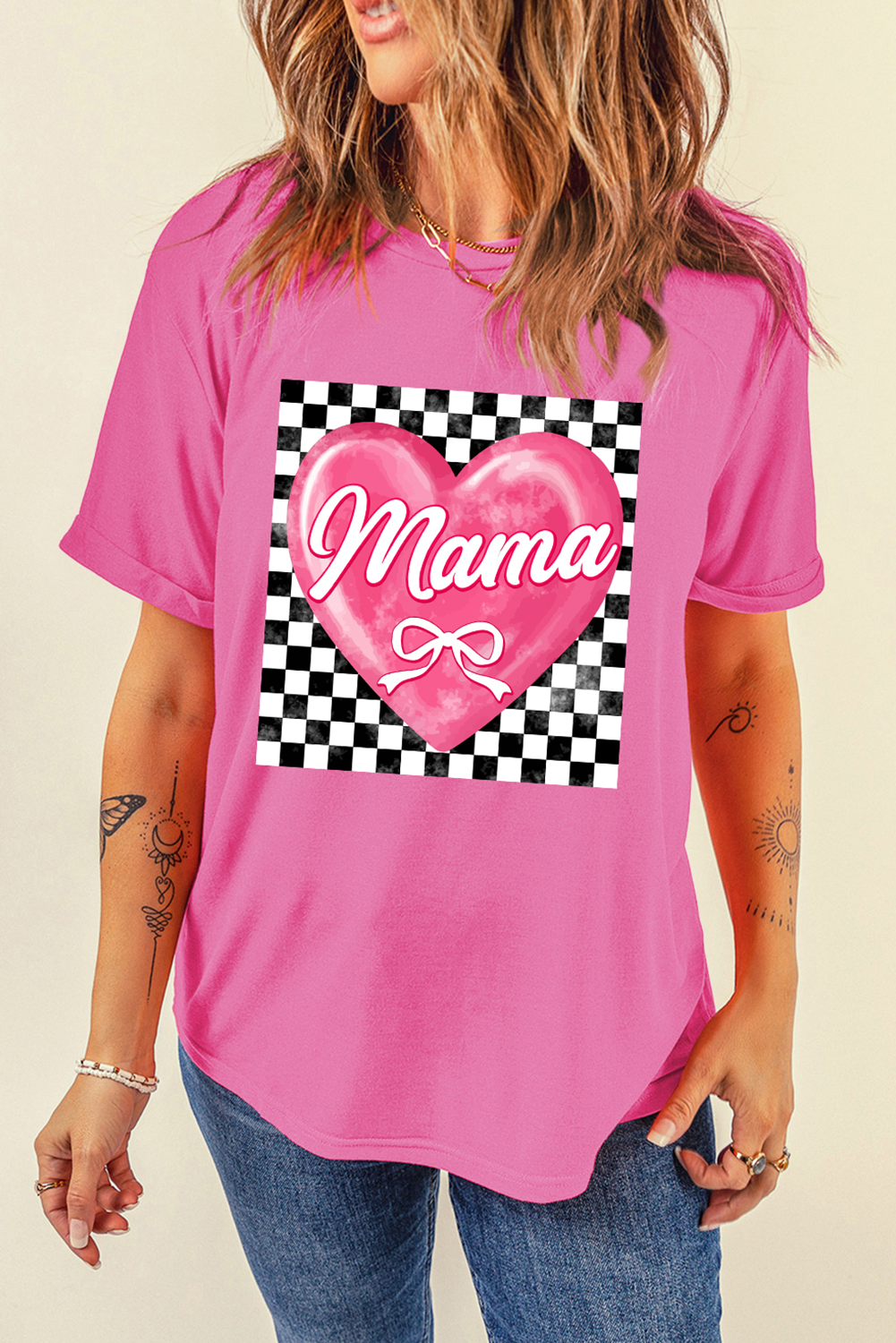 Sachet Pink Checkered Heart Pattern mama Bow Graphic Tee - loveforevers
