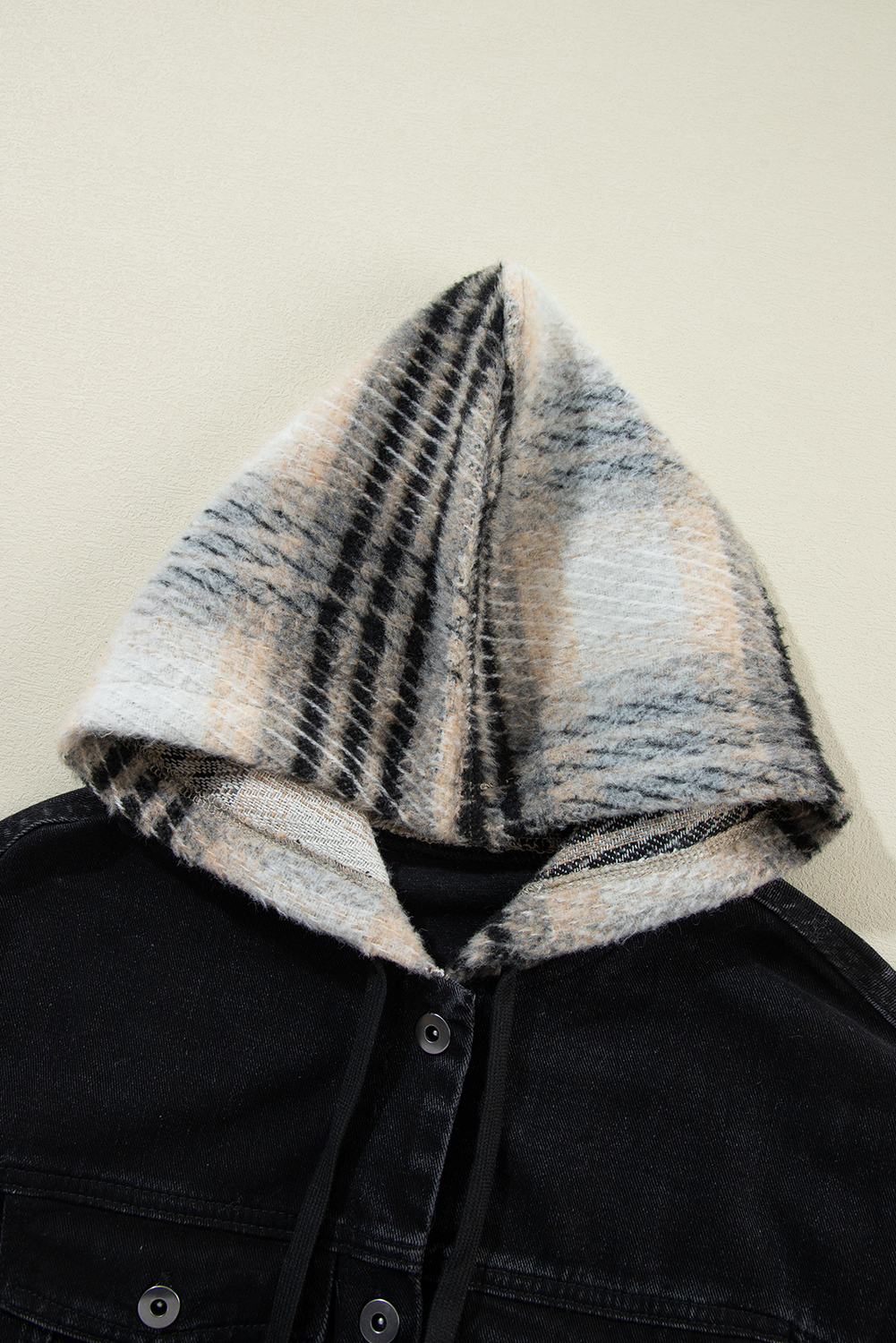 Black Plaid Sleeve Frayed Hem Hooded Denim Jacket - loveforevers