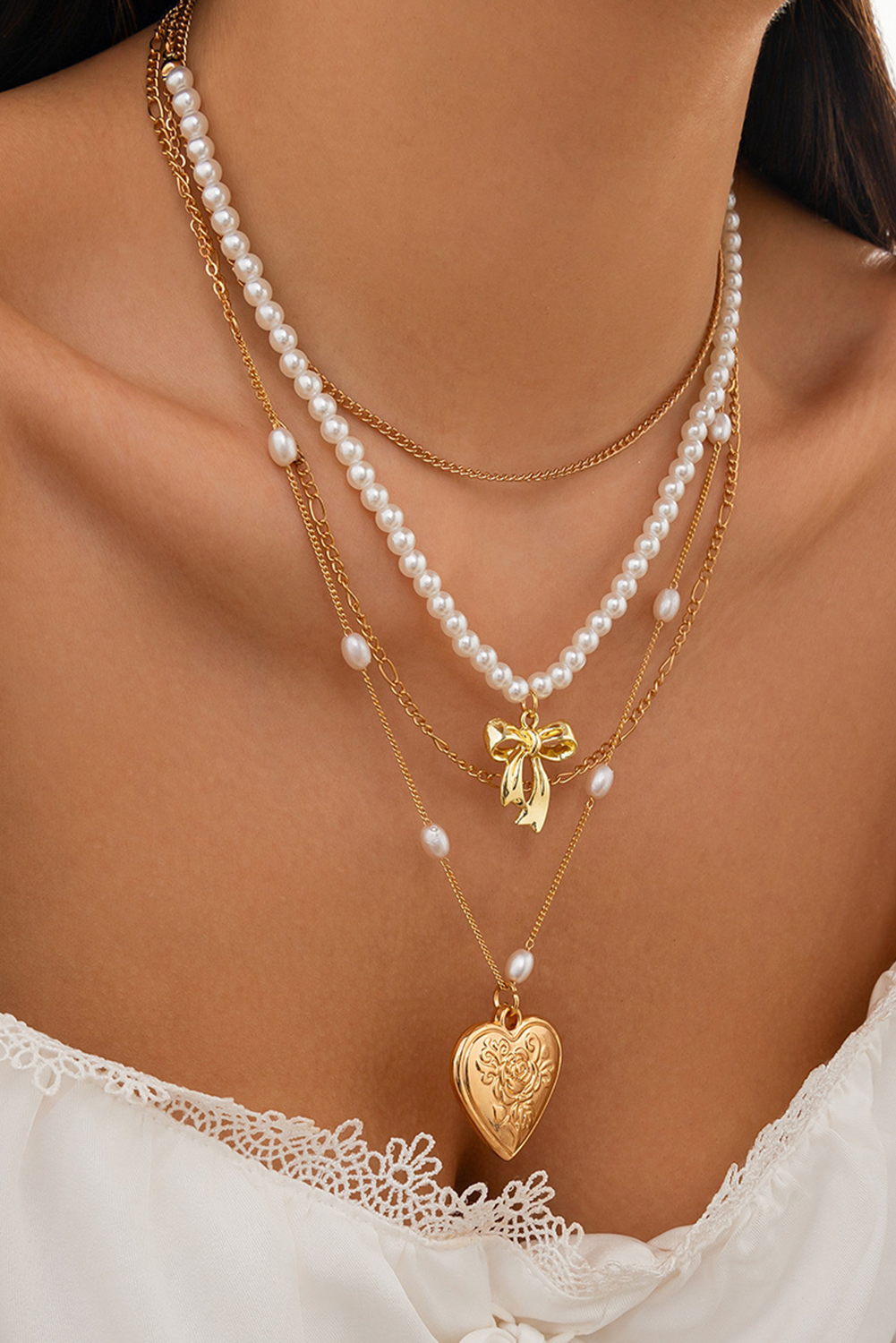 Gold Plated Bow Heart Pendant Pearl Beading Multilayer Necklace - loveforevers