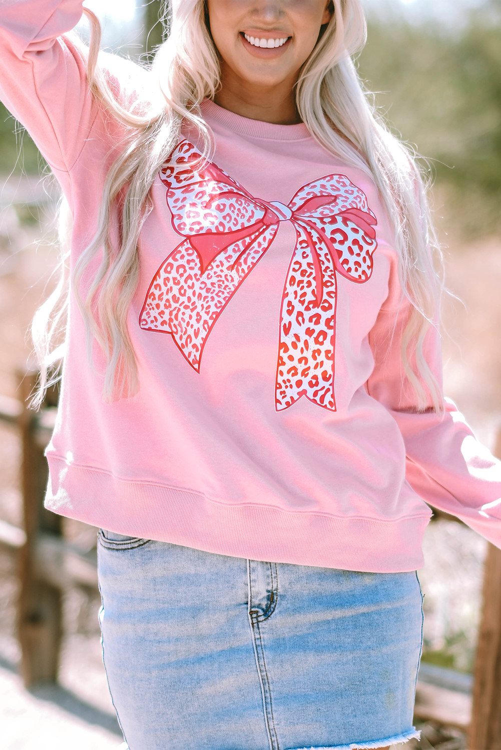 Pink Leopard Bowknot Printed Crewneck Pullover Sweatshirt - loveforevers