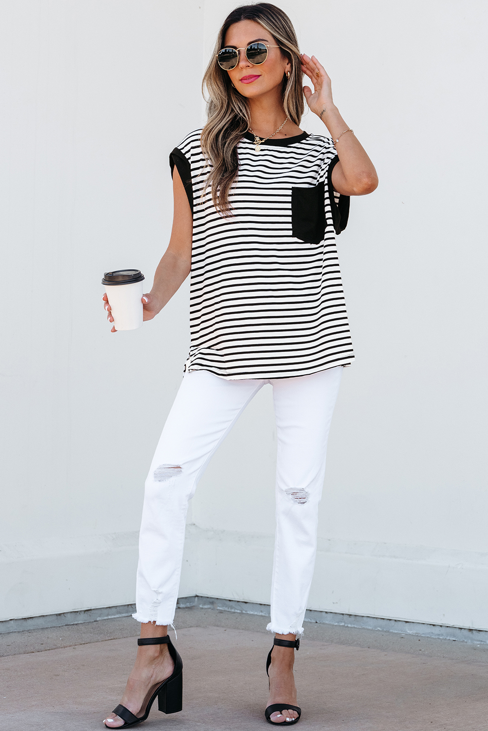 Red Stripe Chest Pocket Patch Round Neck Tank Top - loveforevers