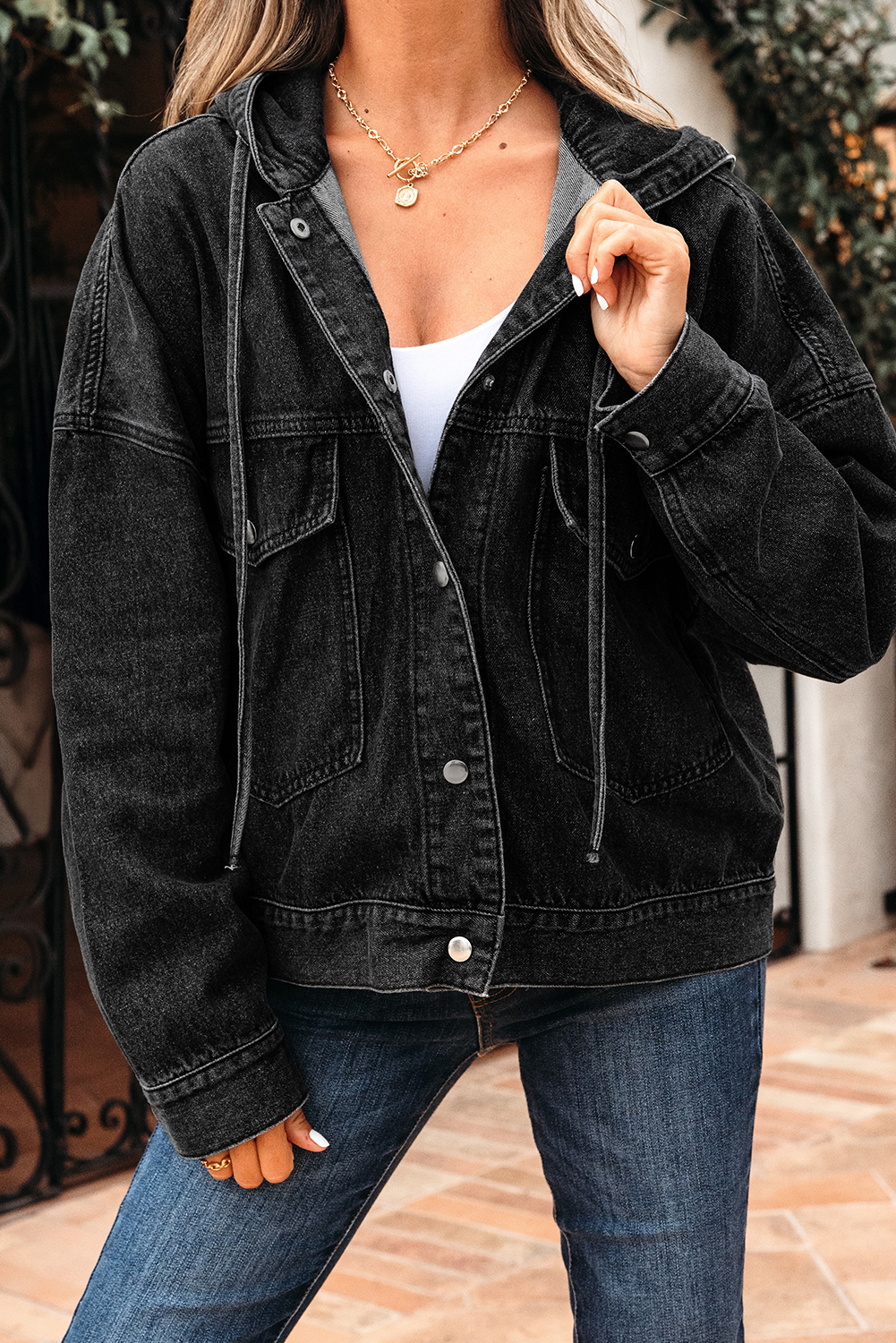 Black Big Chest Pocket Drop Shoulder Hooded Denim Jacket - loveforevers