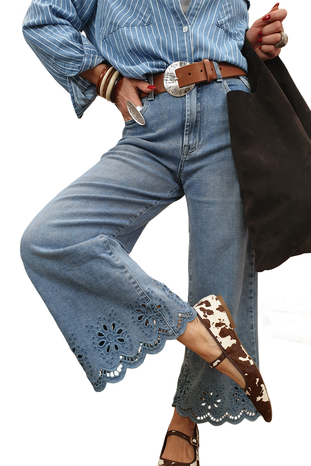 Dusk Blue Embroidered Cropped Wide Leg High Waist Jeans - loveforevers