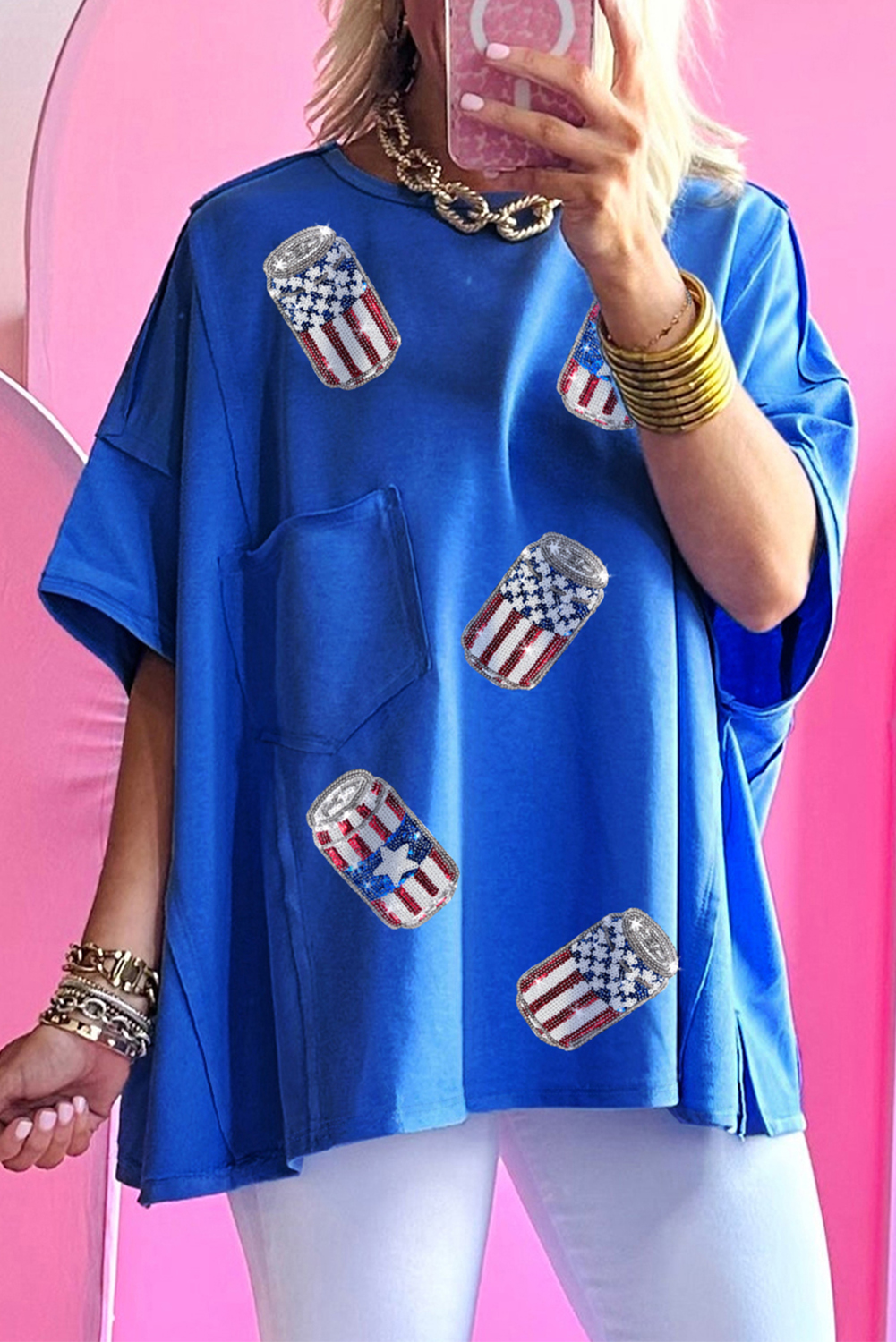Blue Sequined American Flag Pop Can Pattern Oversized Tee - loveforevers