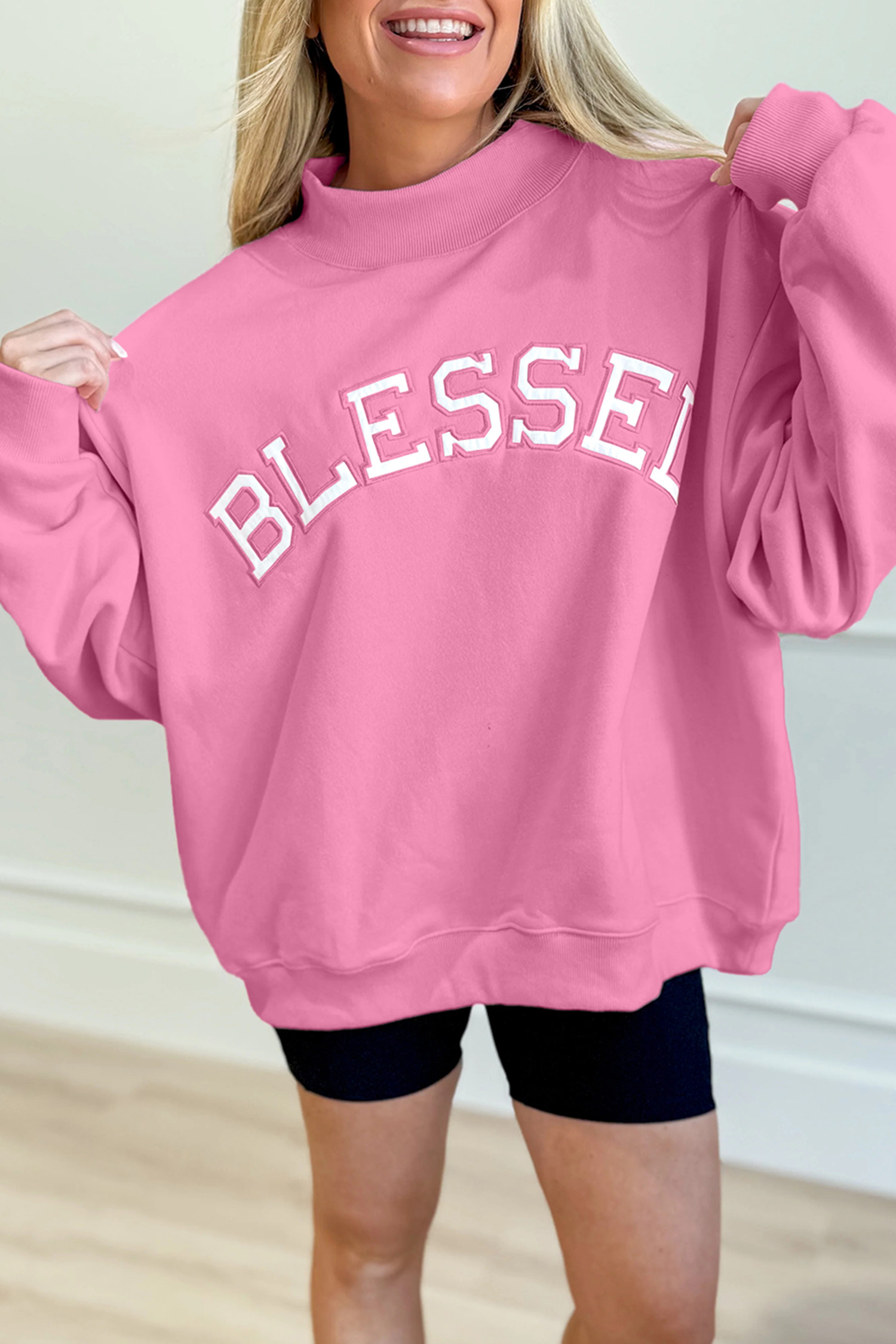Bright Pink Oversize Blessed Embroidered Mock Neck Sweatshirt - loveforevers