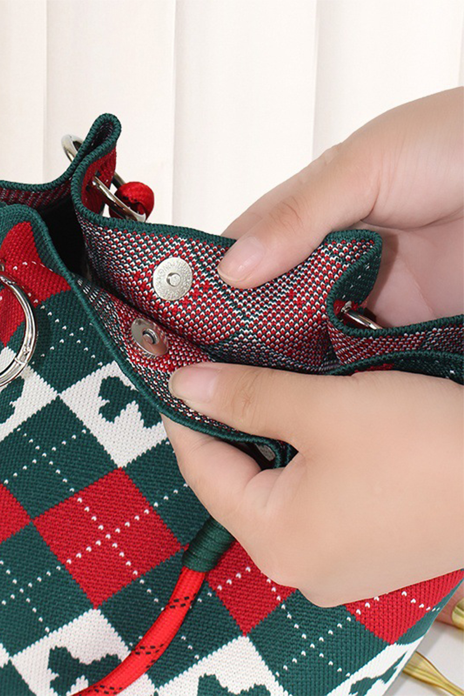 Fiery Red Retro Argyle Bow Printed Fashion Knit Bucket Bag - loveforevers