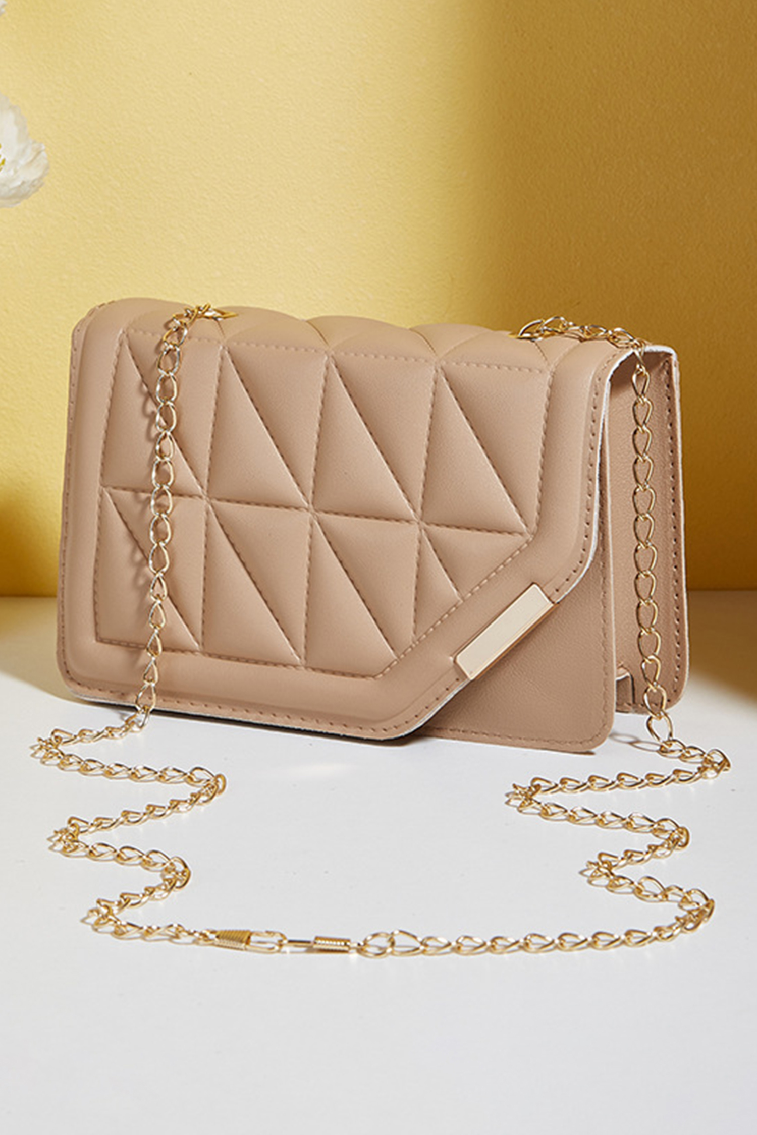 Khaki PU Leather Quilted Texture Asymmetric Cover Chain Strap Square Shoulder Bag - loveforevers