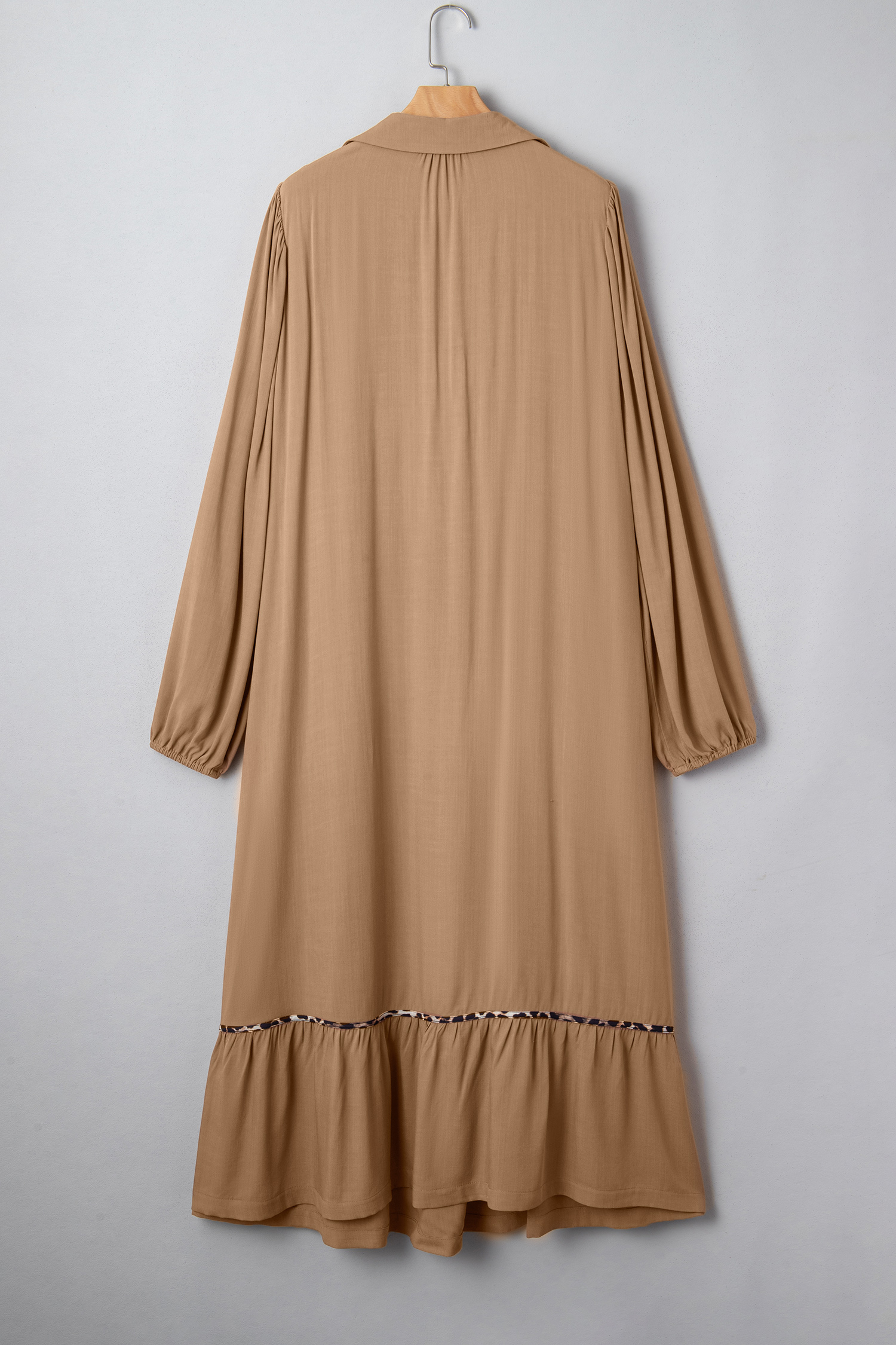 Four Leaf Clover Collared V Neck Smocked Detail Contrast Leopard Trim Bracelet Sleeve Long Dress - loveforevers