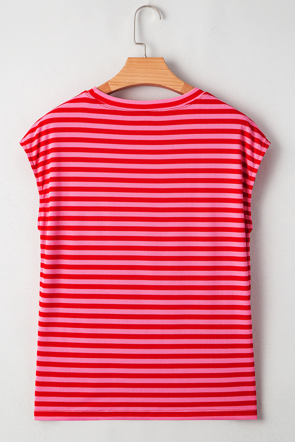 Sky Blue Stripe Ribbed Cap Sleeve Round Neck T Shirt - loveforevers
