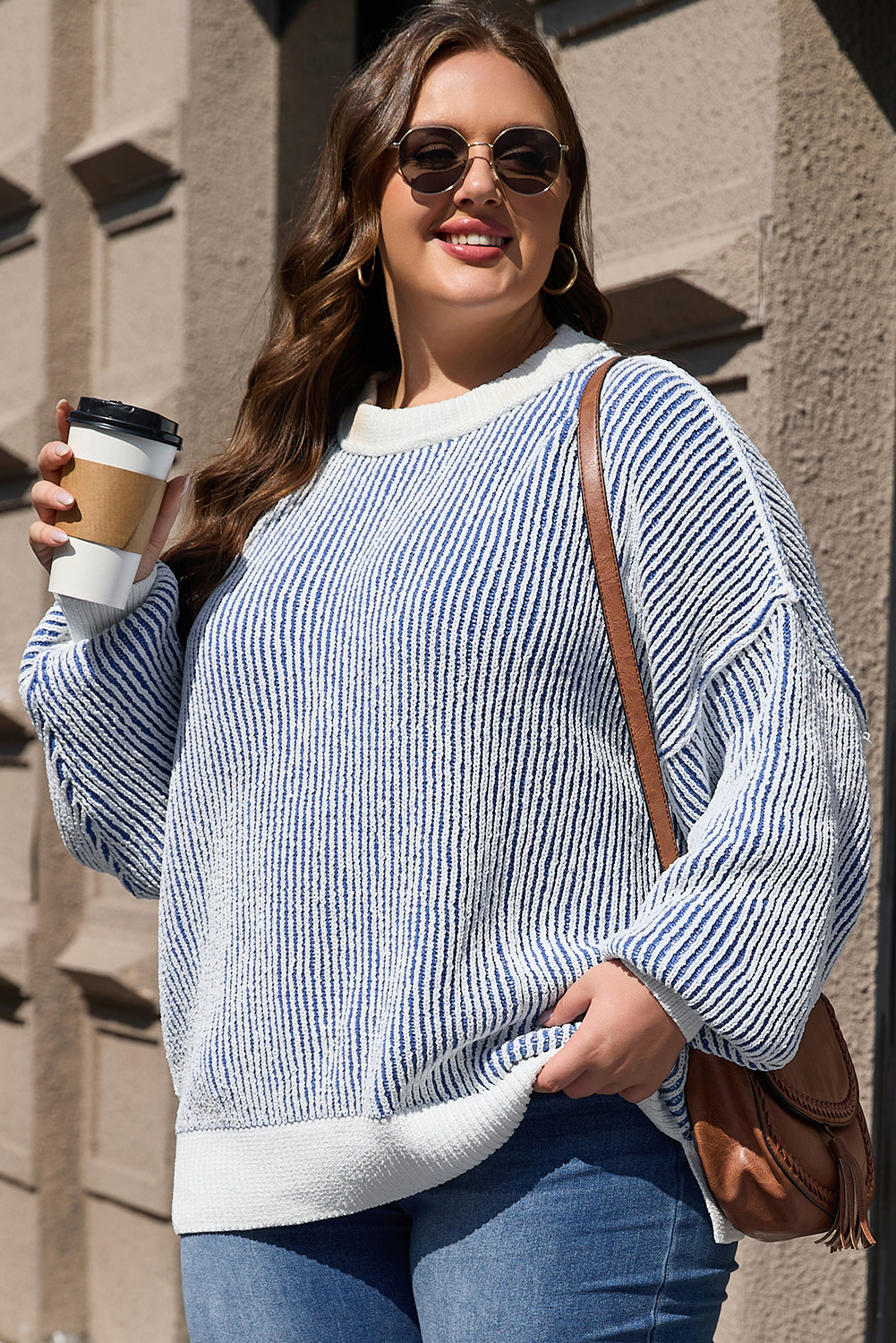 Bright Pink Striped Textured Knit Contrast Edge Loose Sweater - loveforevers