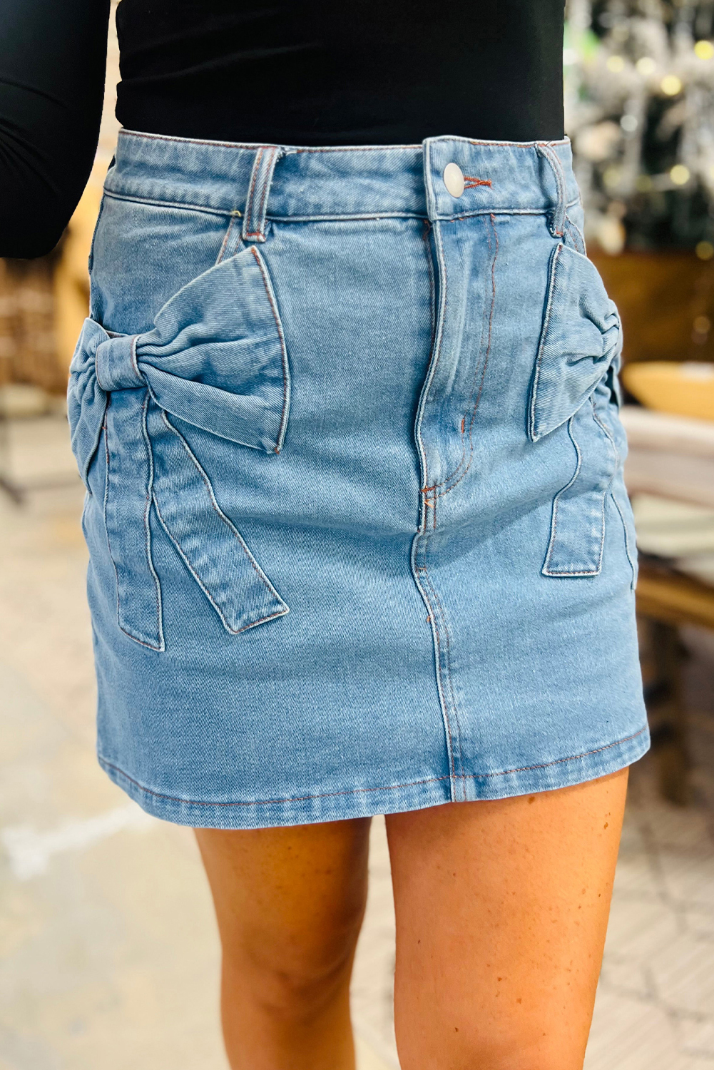 Dusk Blue Acid Wash Bowknot Details High Waist Denim Skirt - loveforevers