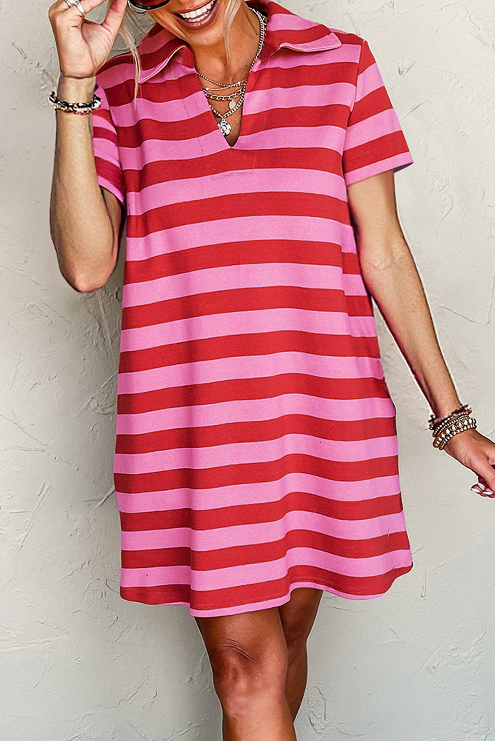 Red Stripe Textured Knit Collared V Neck Shift T Shirt Dress - loveforevers