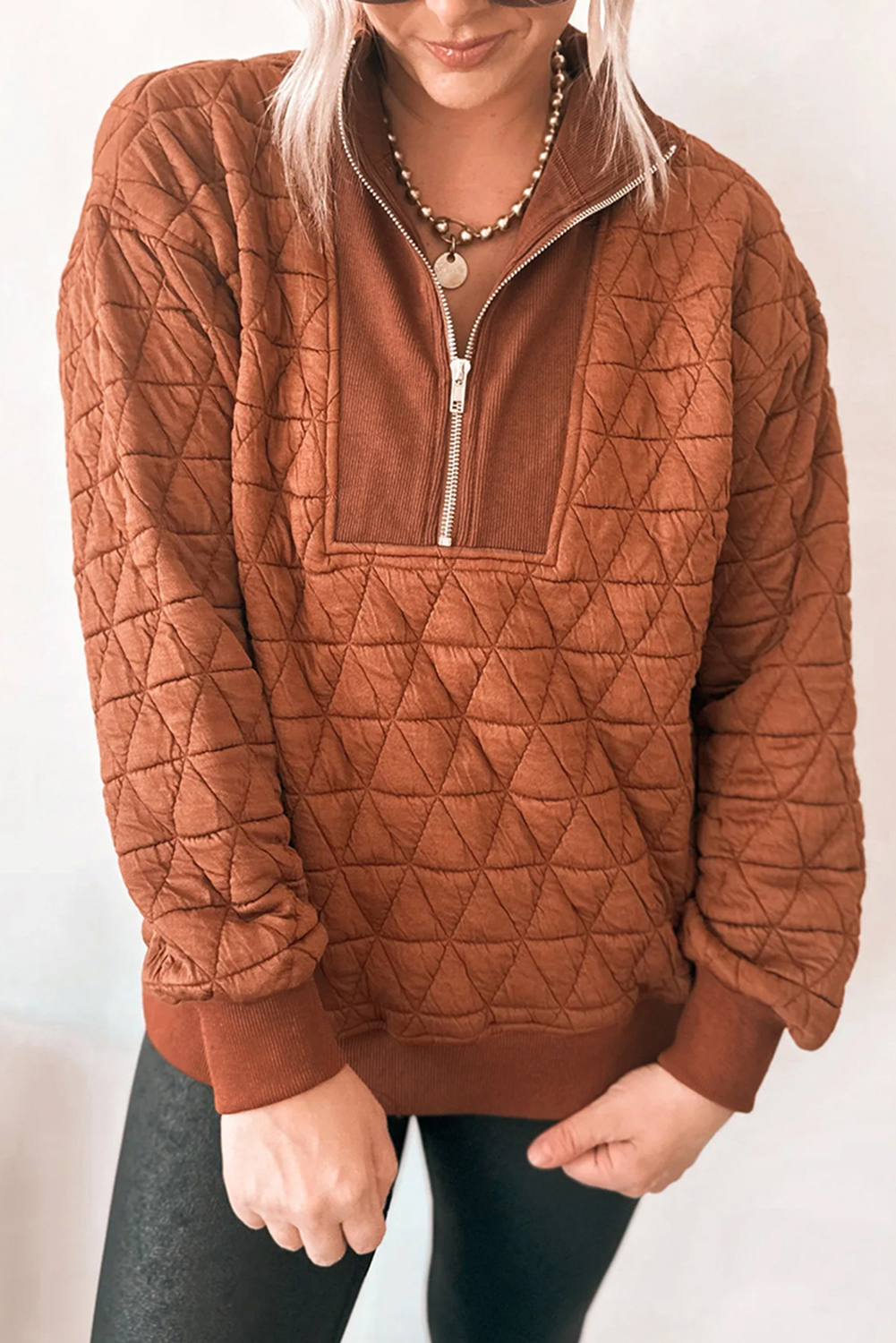 Straw Yellow Geometric Quilted Half Zipped Loose Sweatshirt - loveforevers