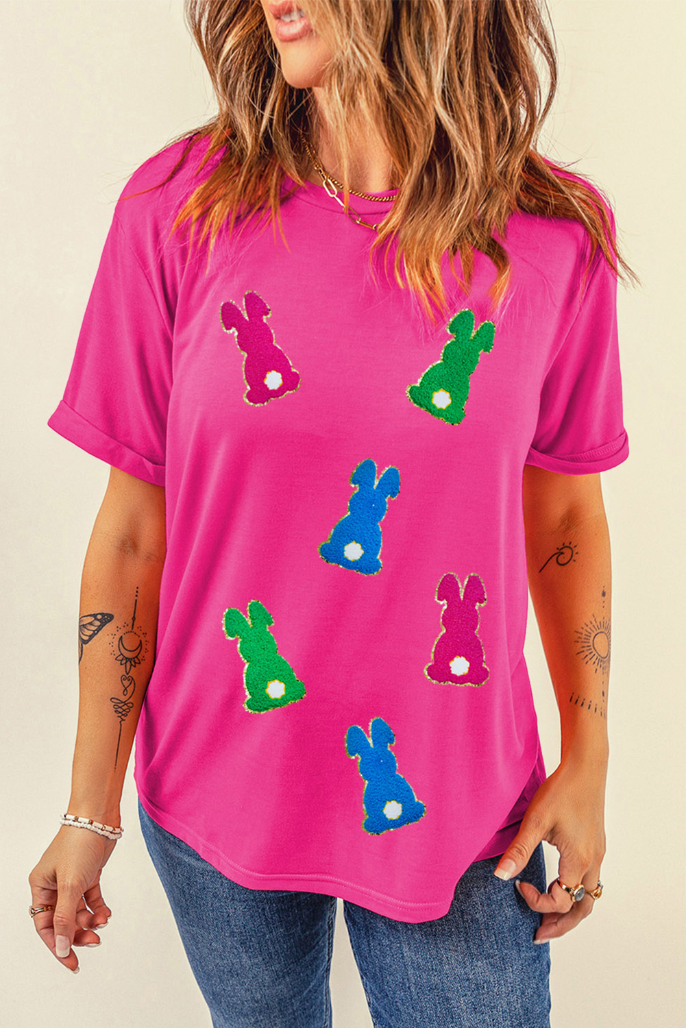 Rose Red Easter Rabbit Chenille Patched Pattern Crew Neck Tee - loveforevers