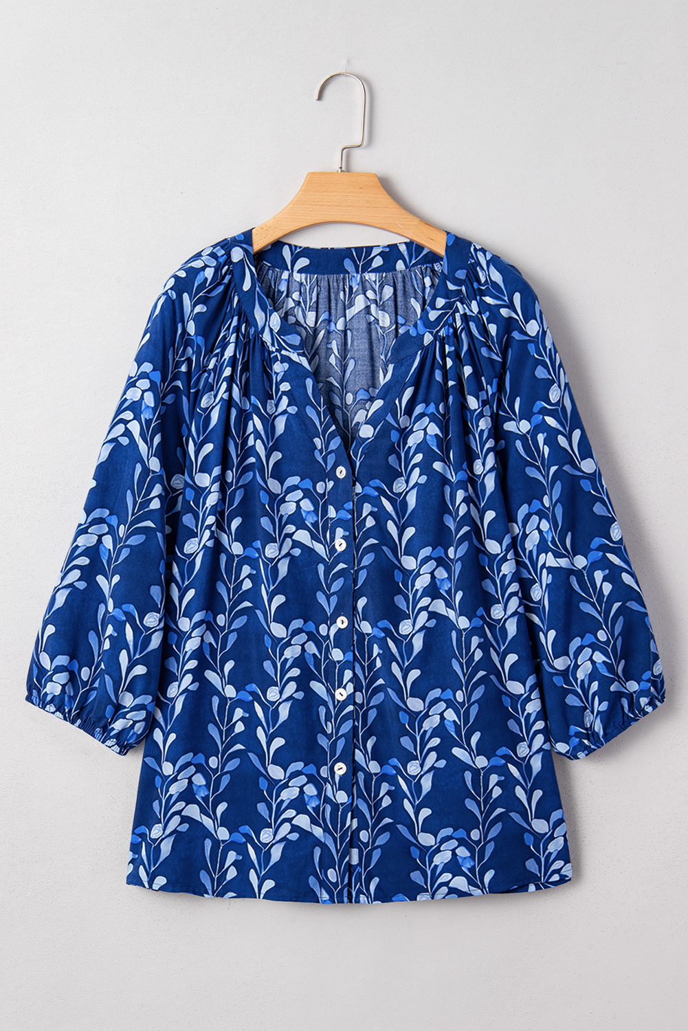 Blue Botanical Print Bracelet Sleeve Notched Neck Blouse - loveforevers