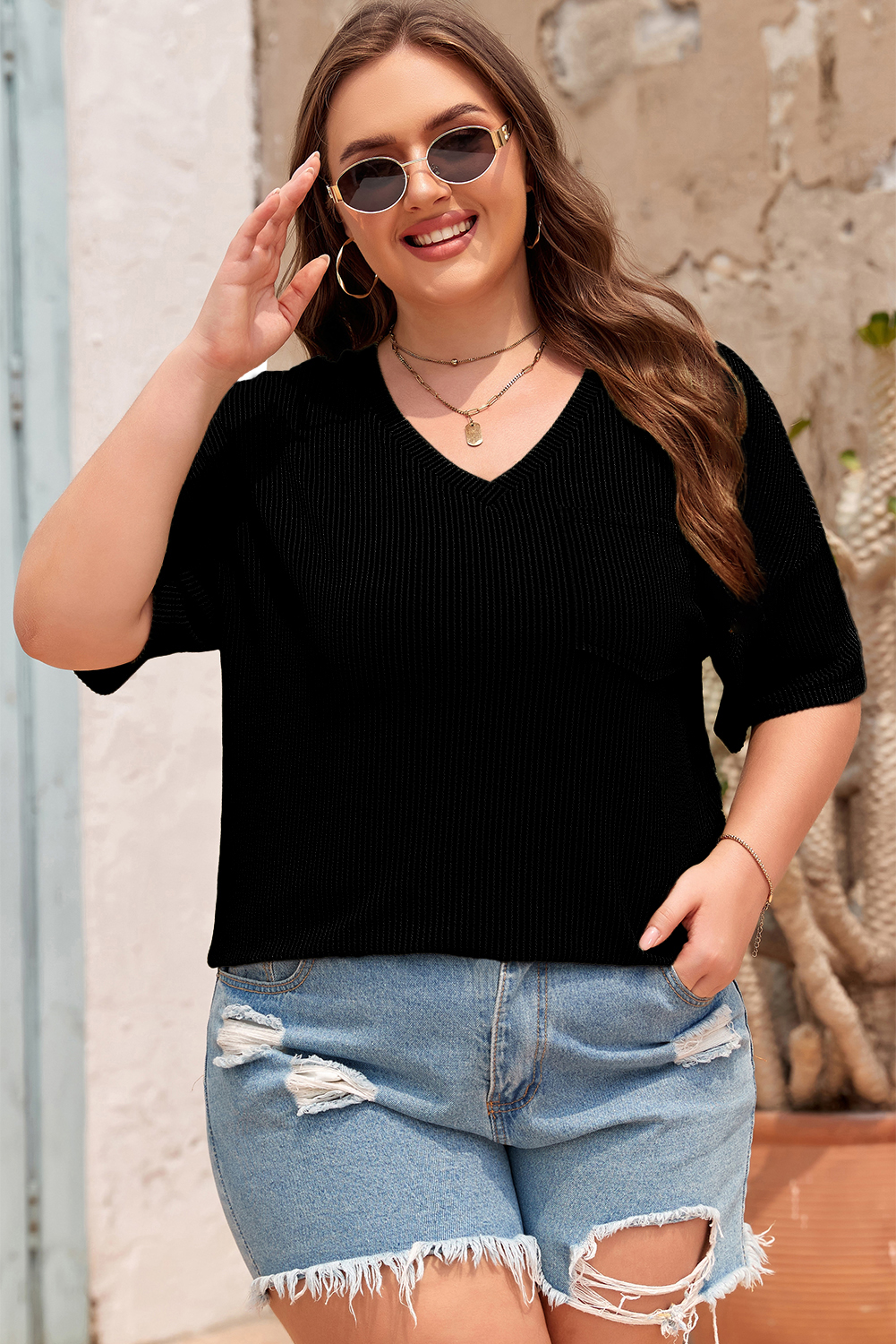 Black Textured V-Neck Dropped Shoulder Plus T-Shirt - loveforevers