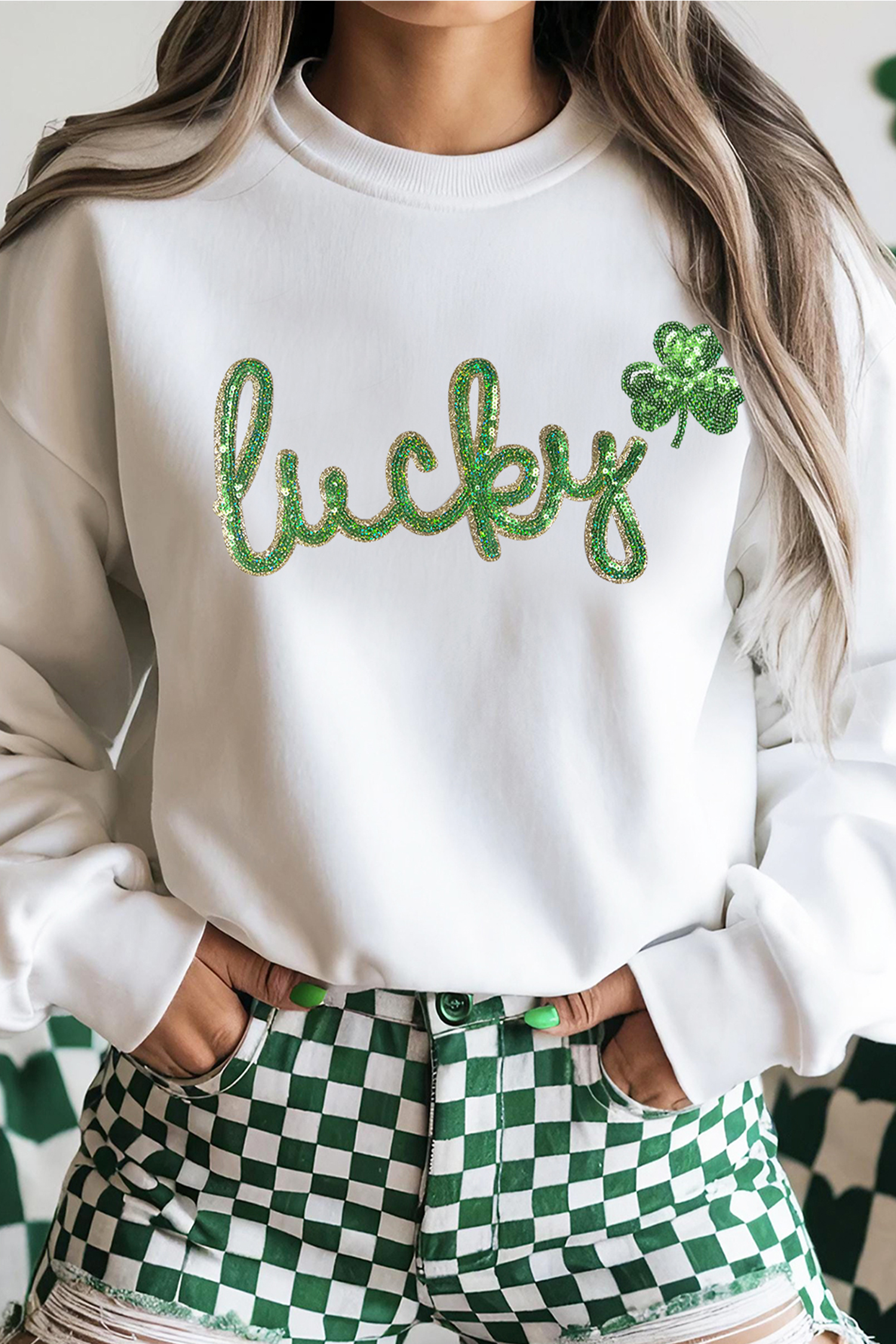 White Irish Festive Sequin lucky Clover Graphic Sweatshirt - loveforevers