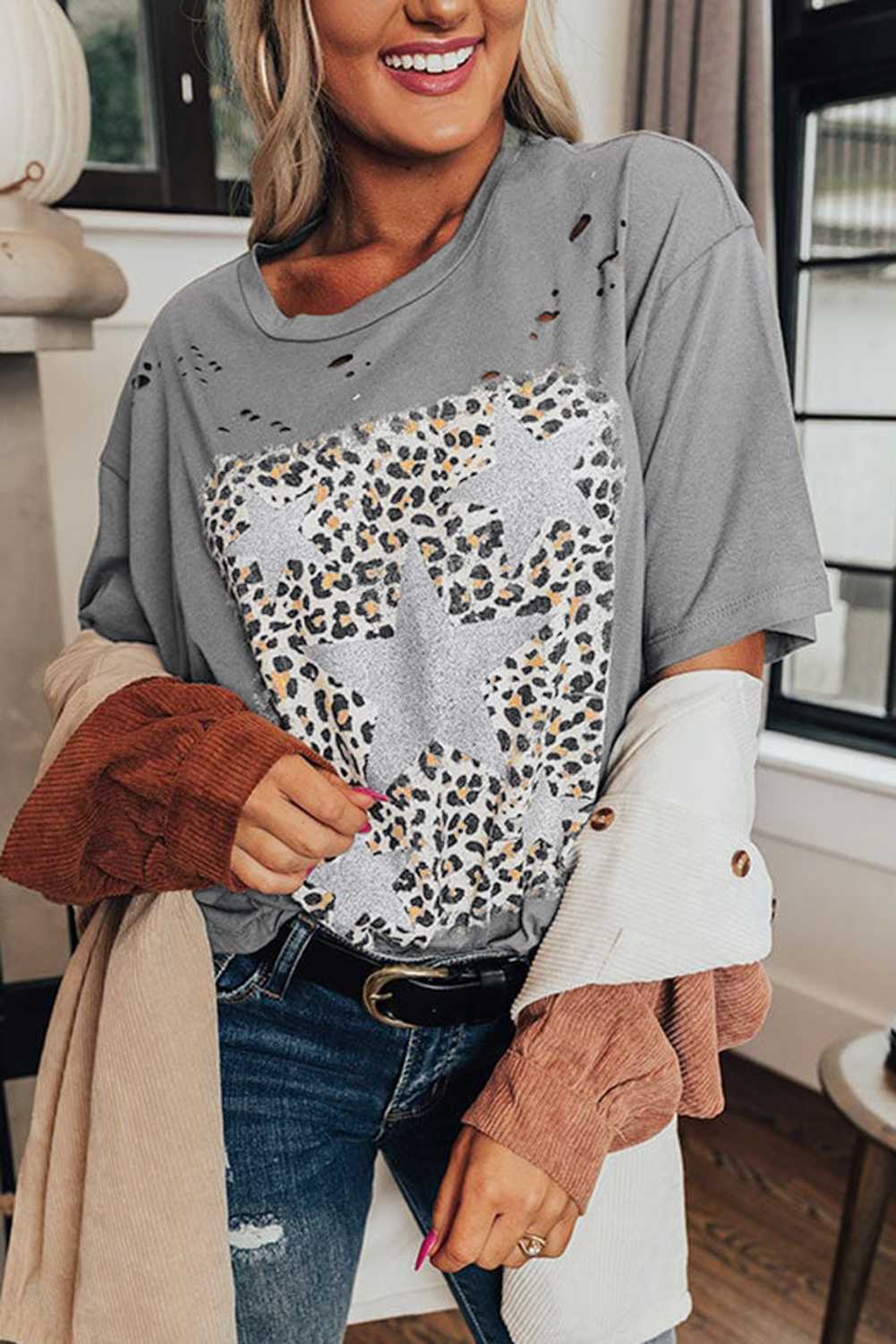 Medium Grey Stars Leopard Graphic Distressed Tee - loveforevers
