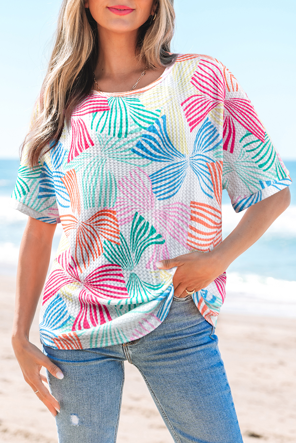 Multicolour Bowknot Printed Waffle Crewneck Loose Short Sleeve Top - loveforevers