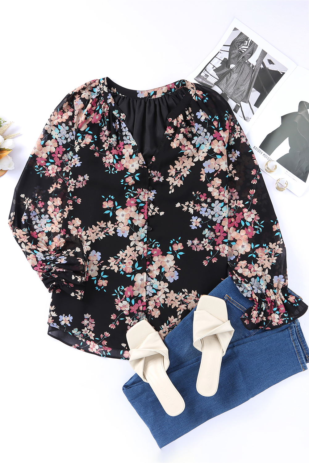 Black Wildflower Print Chiffon Blouse - loveforevers