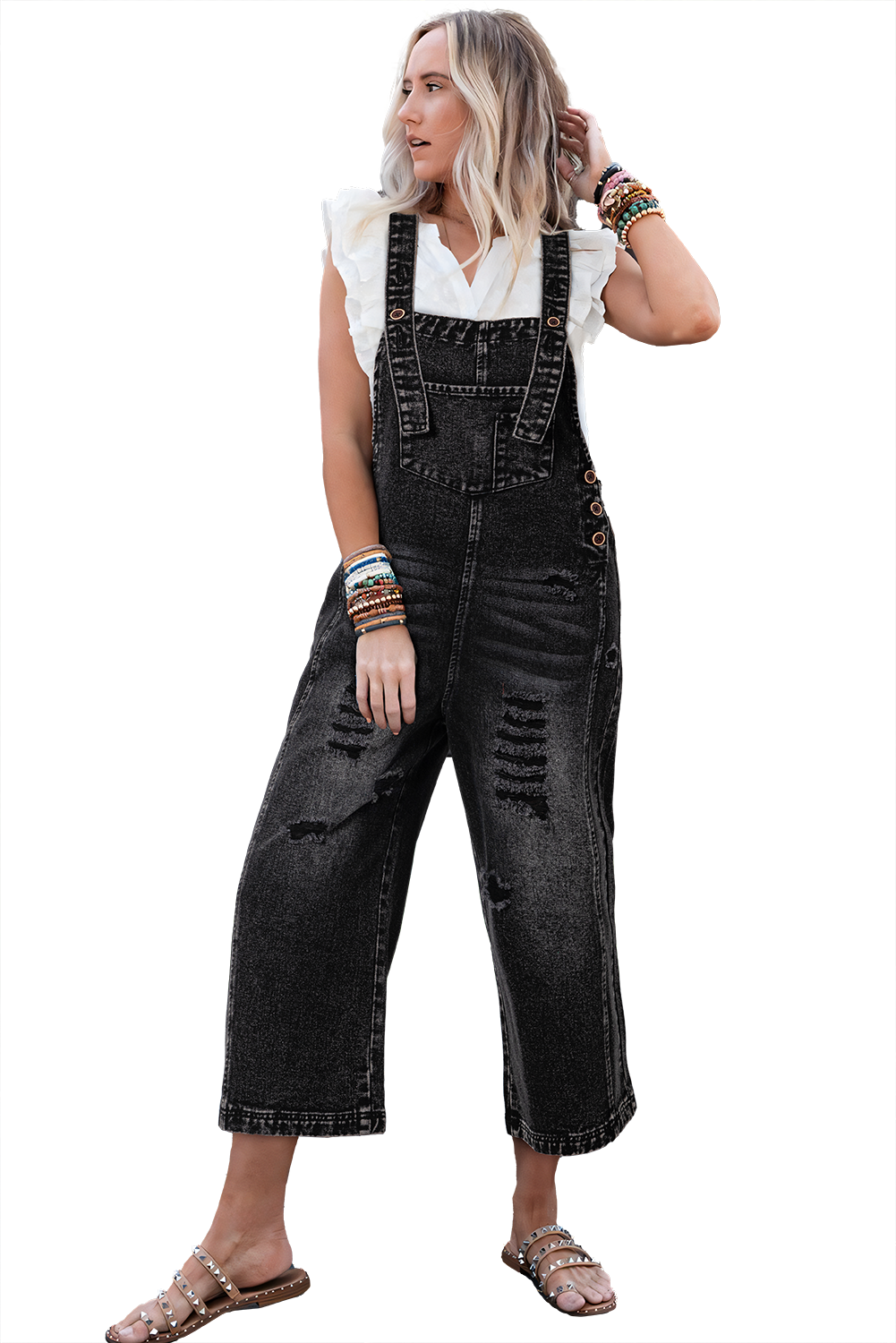 Stone Blue Distressed Bib Pocket Wide Leg Denim Overall - loveforevers