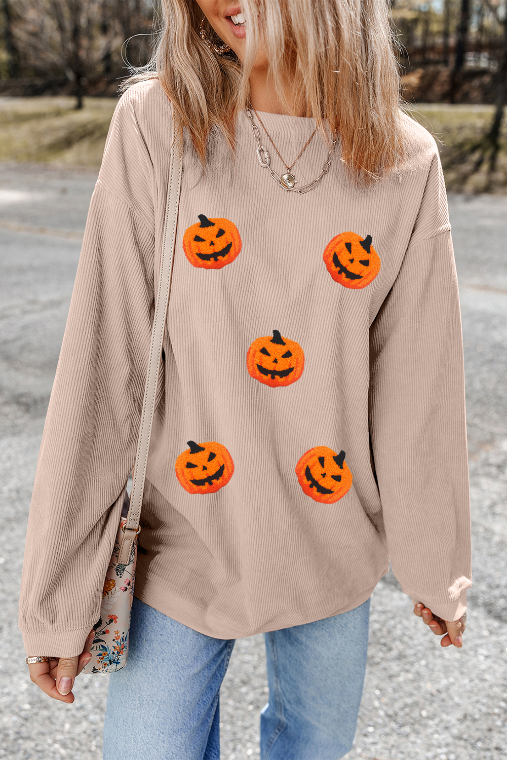 Apricot Twisted Rib Texture Chenille Halloween Pumpkin Patched Drop Shoulder Sweatshirt - loveforevers