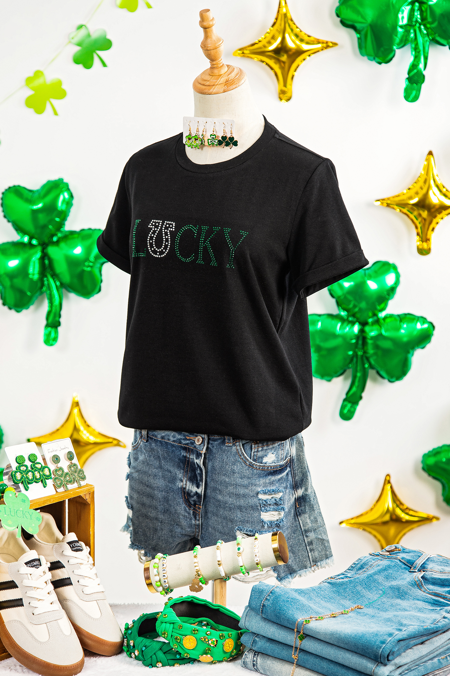 Black LUCKY Rhinestone Graphic Rolled Sleeve Tee - loveforevers