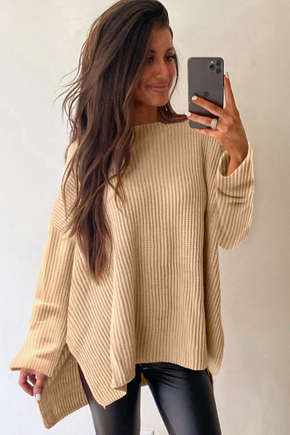 Apricot Cable Knit Drop Shoulder Side Slits Loose Sweater - loveforevers