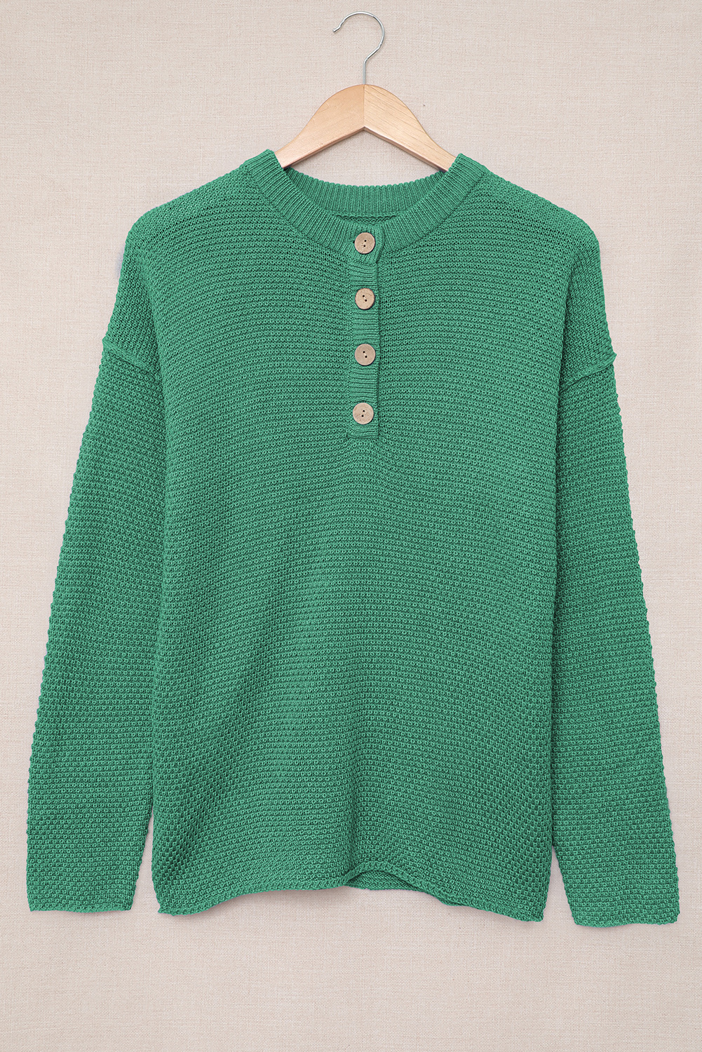 Green Henley Pullover Drop Shoulder Sweater with Slits - loveforevers