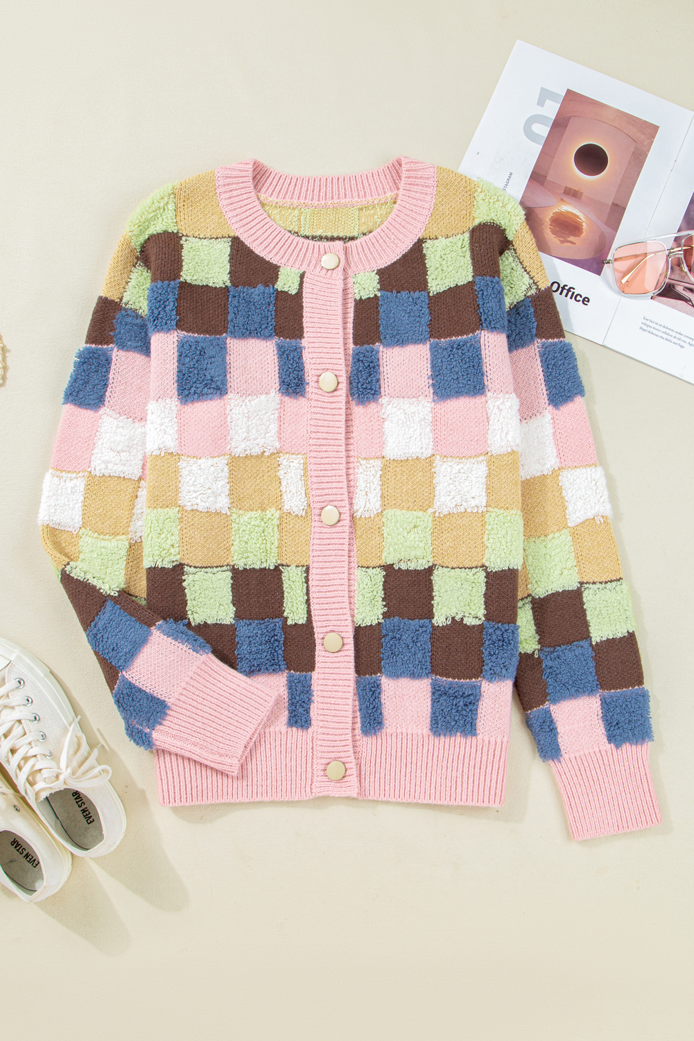 Multicolour Plush Checkered Pattern Button Front Cardigan Sweater - loveforevers